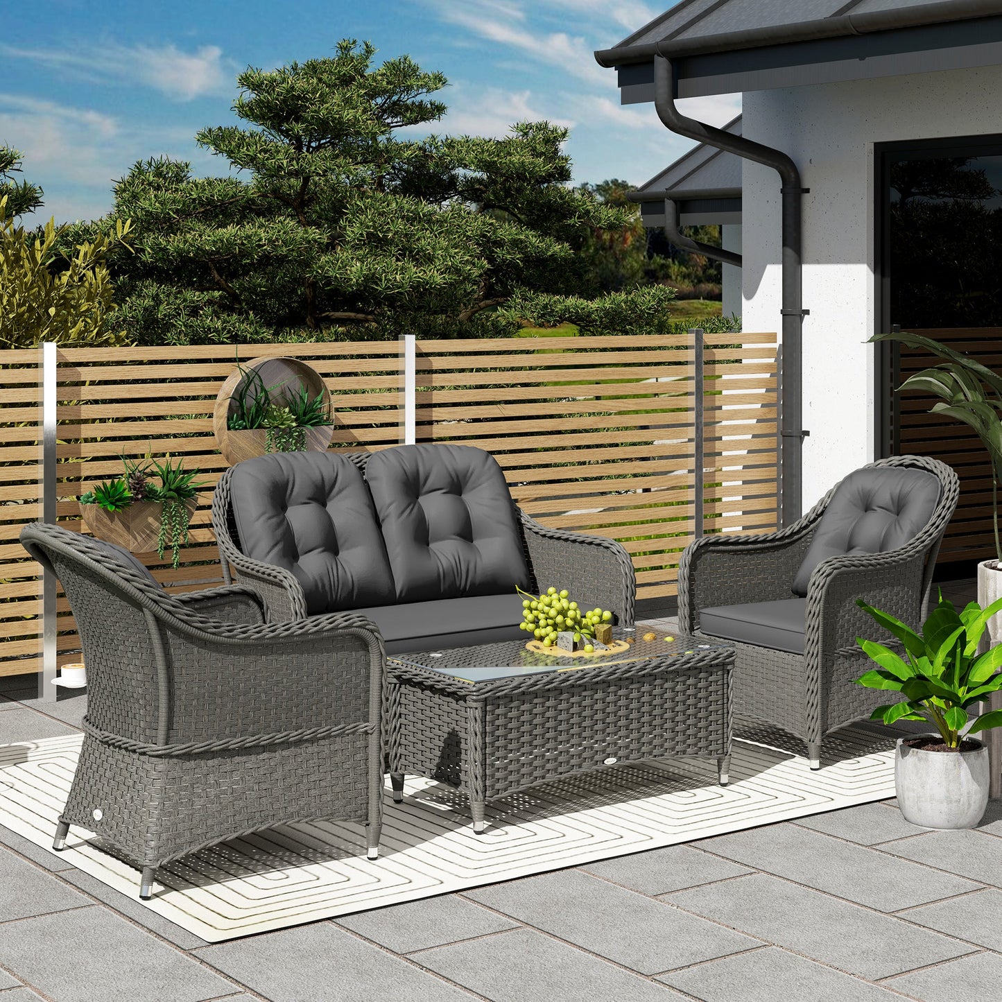4 Pieces Outdoor PE Rattan Garden Furniture with Cushions, Patio Special Hand Weave Wicker Conservatory Sofa Set with Glass Top Coffee Table, Light Grey
