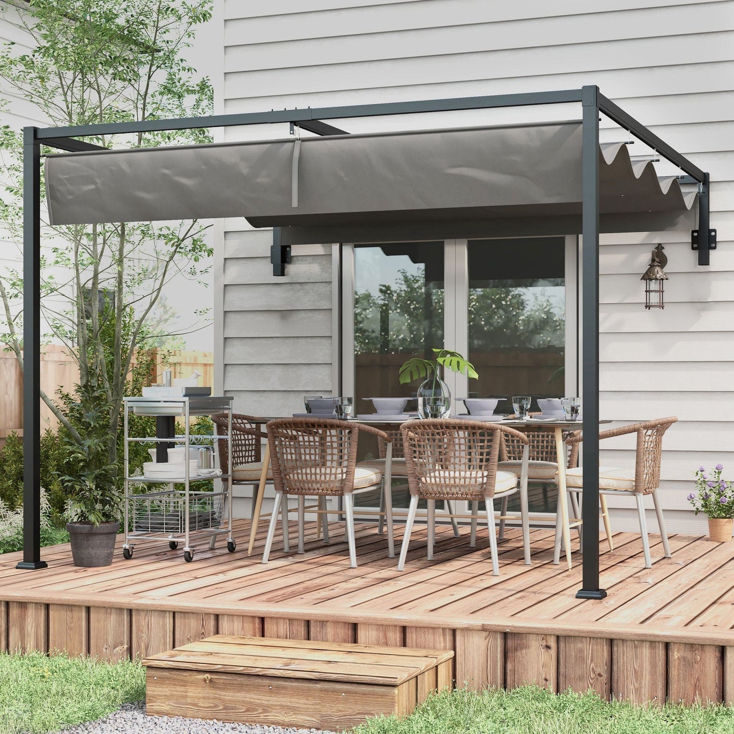 2 x 3(m) Lean To Pergola with Retractable Roof, Wall Mounted Garden Gazebo Outdoor Sun Shade Shelter for Patio, Deck, Dark Grey