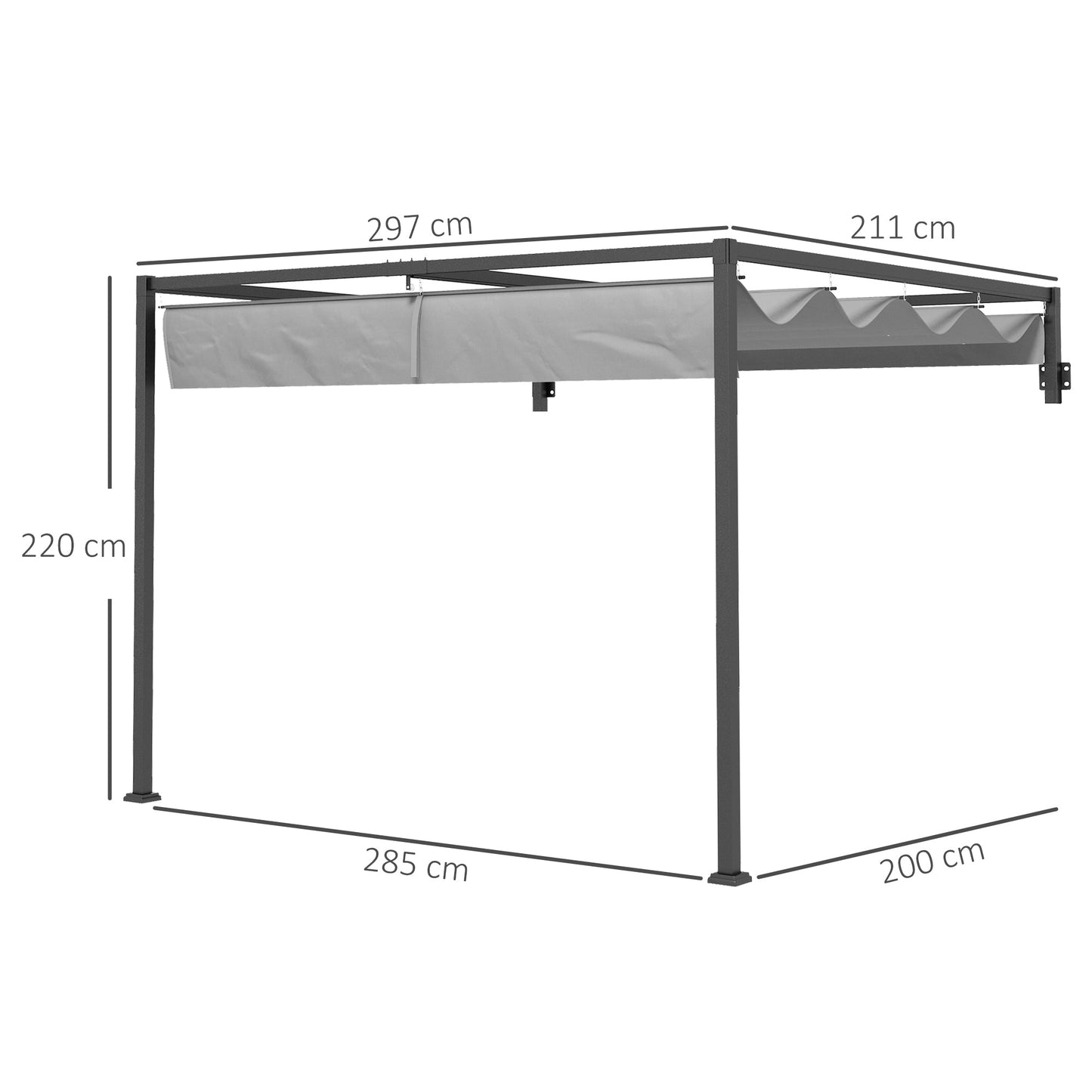 2 x 3(m) Lean To Pergola with Retractable Roof, Wall Mounted Garden Gazebo Outdoor Sun Shade Shelter for Patio, Deck, Dark Grey