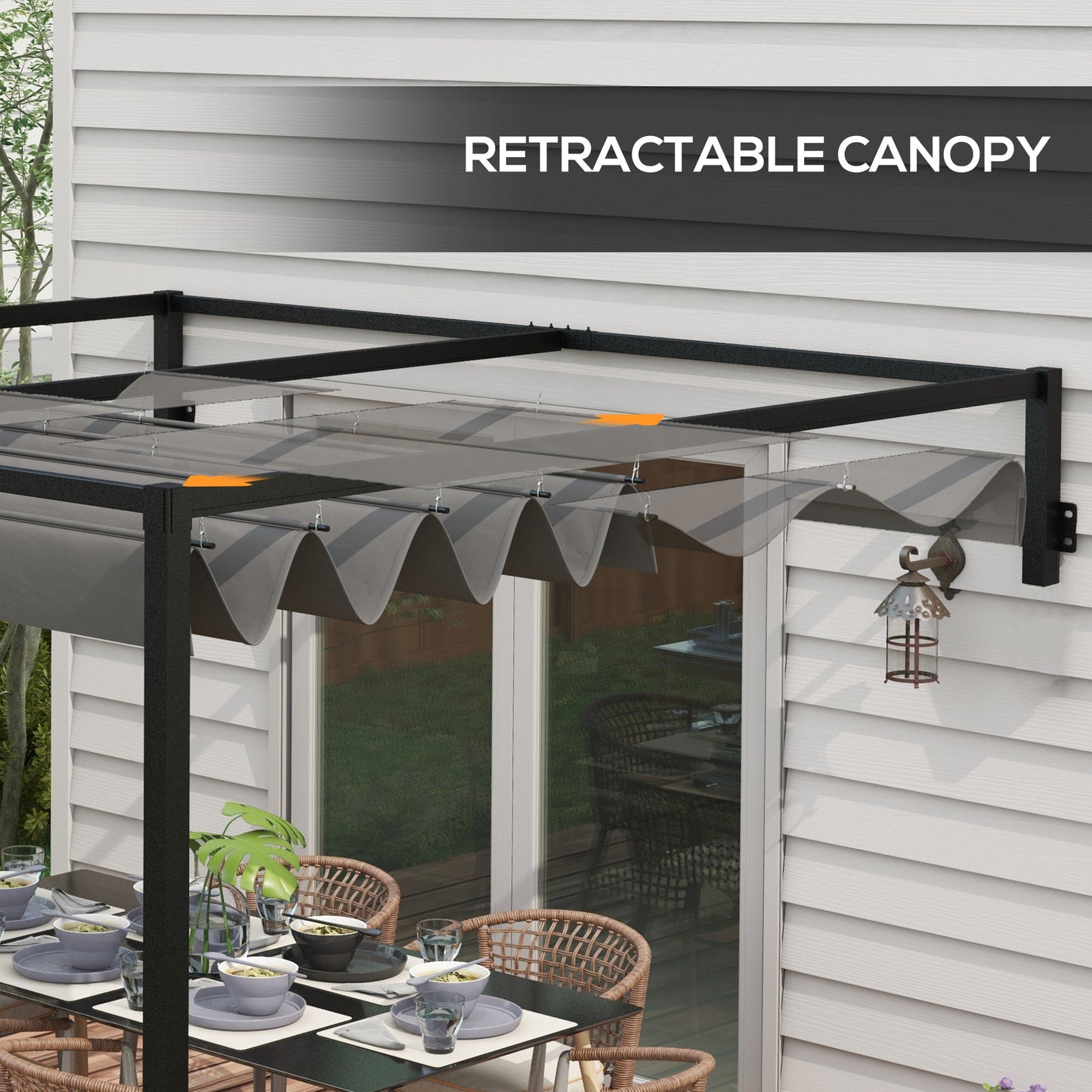 2 x 3(m) Lean To Pergola with Retractable Roof, Wall Mounted Garden Gazebo Outdoor Sun Shade Shelter for Patio, Deck, Dark Grey