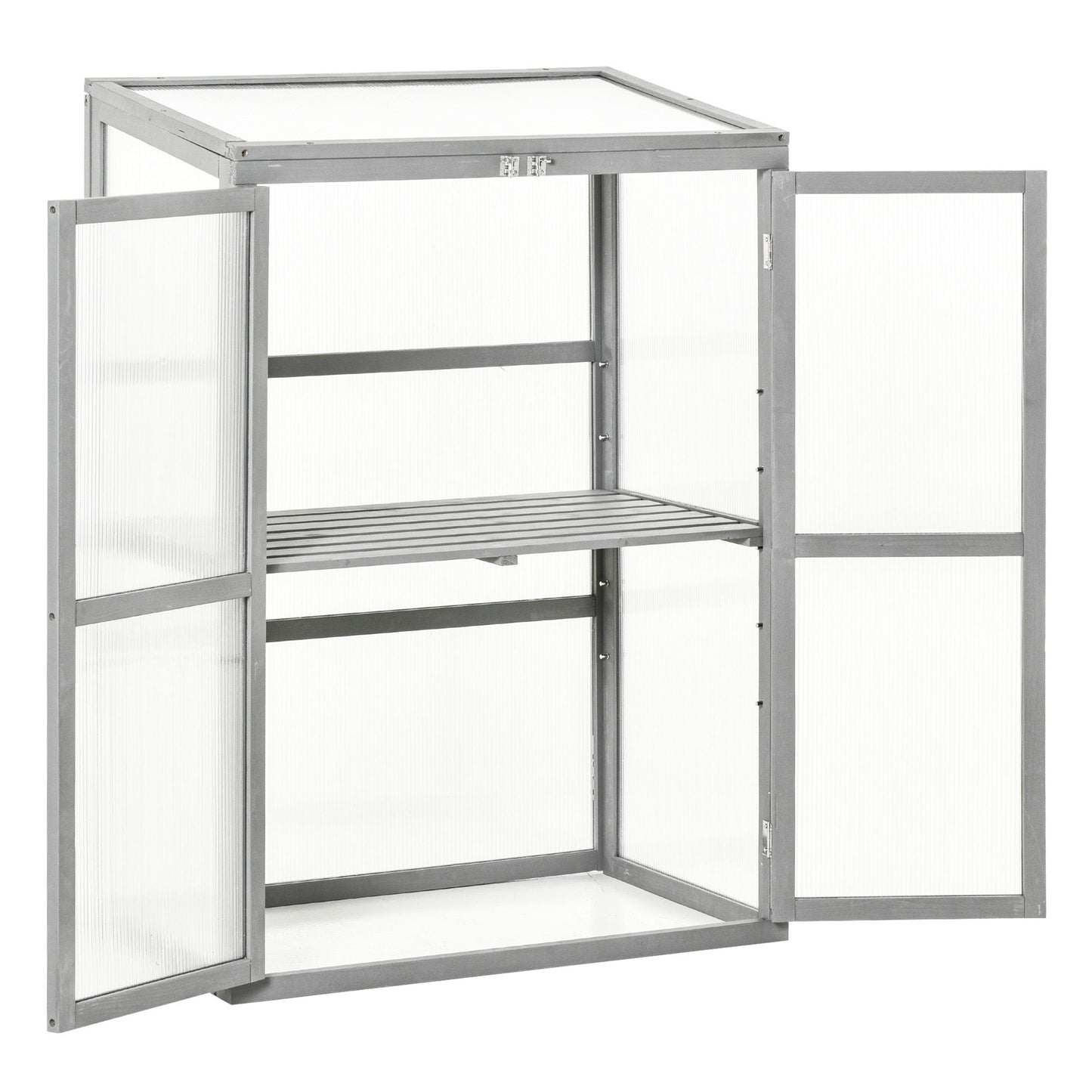 Wooden Cold Frame Greenhouse Polycarbonate Garden Grow House for Flower Vegetable Plants with Adjustable Shelf, Double Doors, 76 x 47 x 110cm, Light Grey