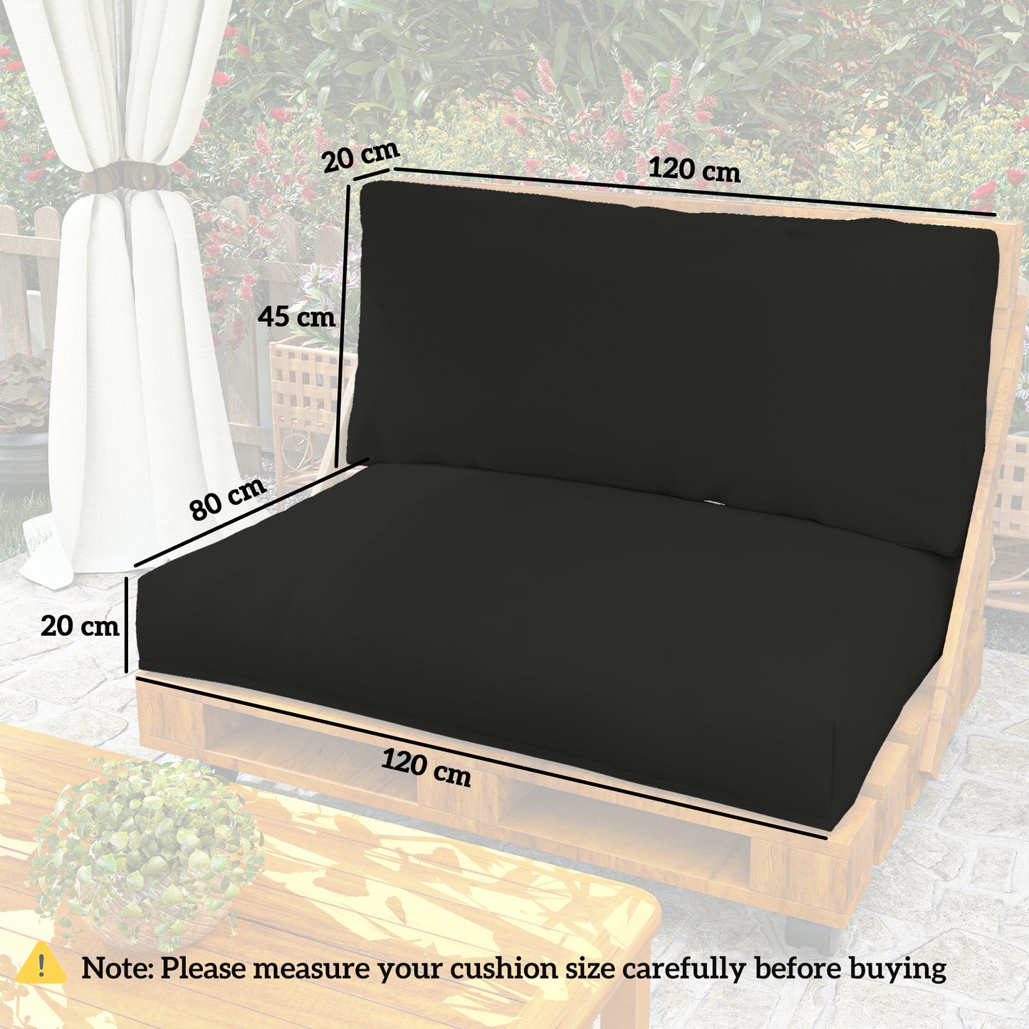 2 Seater Pallet Furniture Cushions Pallet Cushions, UPF20+ 220gsm Fabric, 20 cm Thick Outdoor Seat Pads, Black