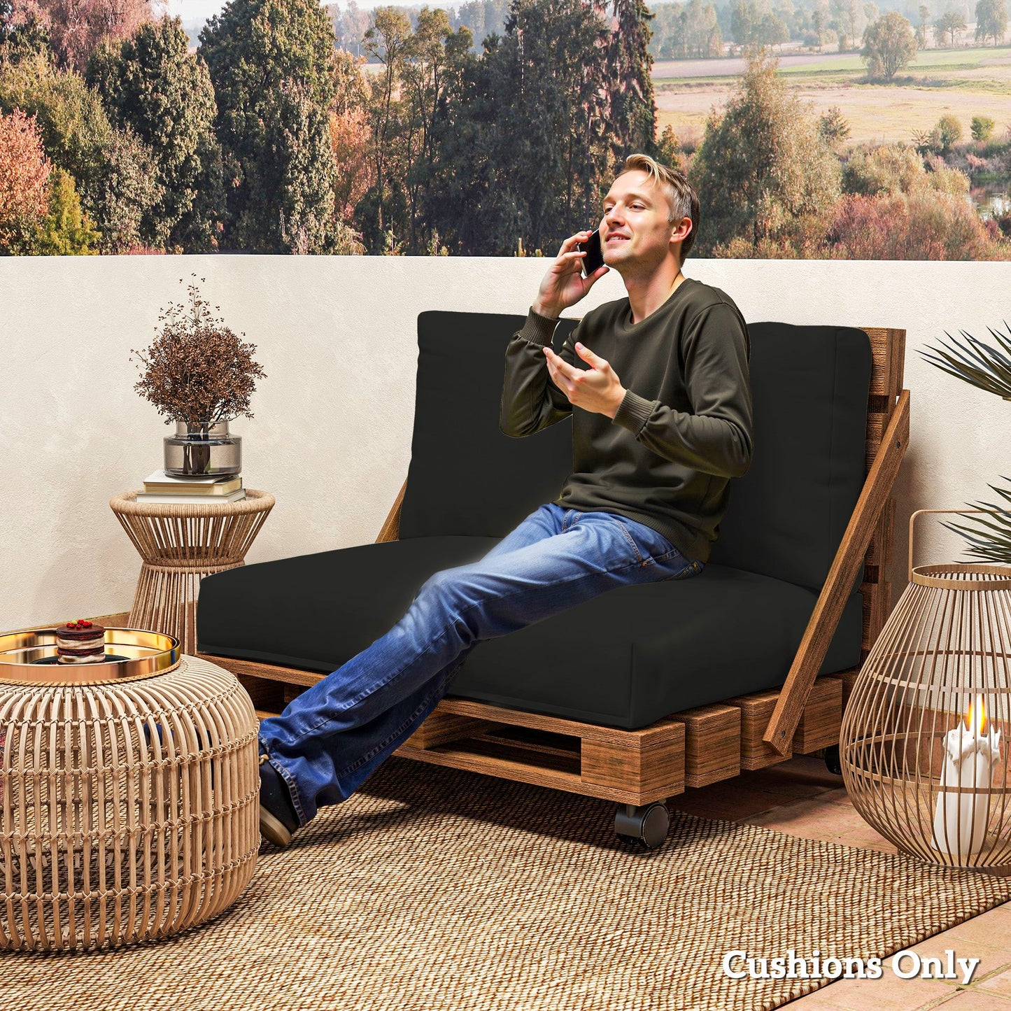 2 Seater Pallet Furniture Cushions Pallet Cushions, UPF20+ 220gsm Fabric, 20 cm Thick Outdoor Seat Pads, Black