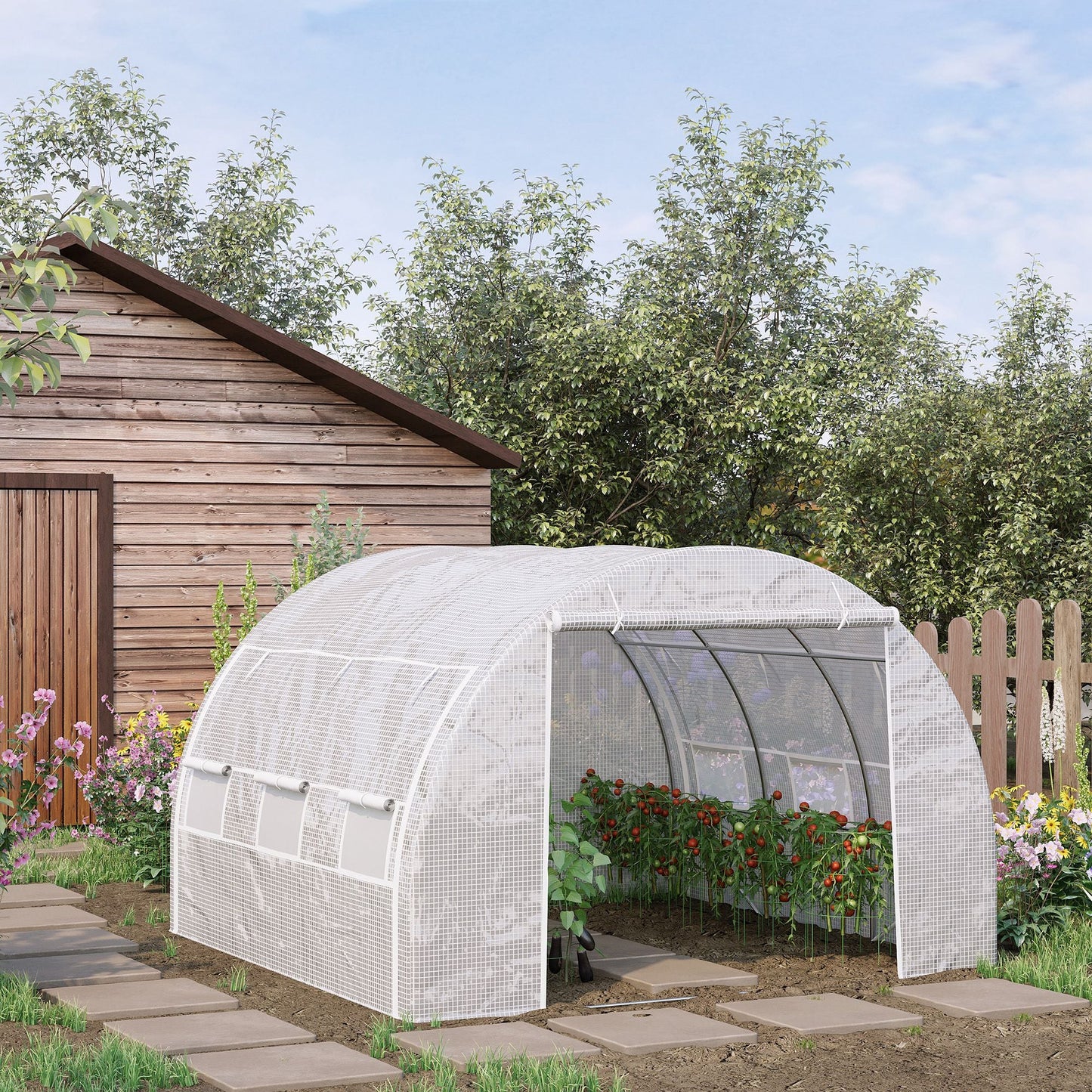 3 x 3 x 2 m Polytunnel Greenhouse with Roll-up Side Walls, Walk-in Grow House Tent with Steel Frame, Reinforced Cover, Zipped Door and 6 Mesh Windows for Garden, White