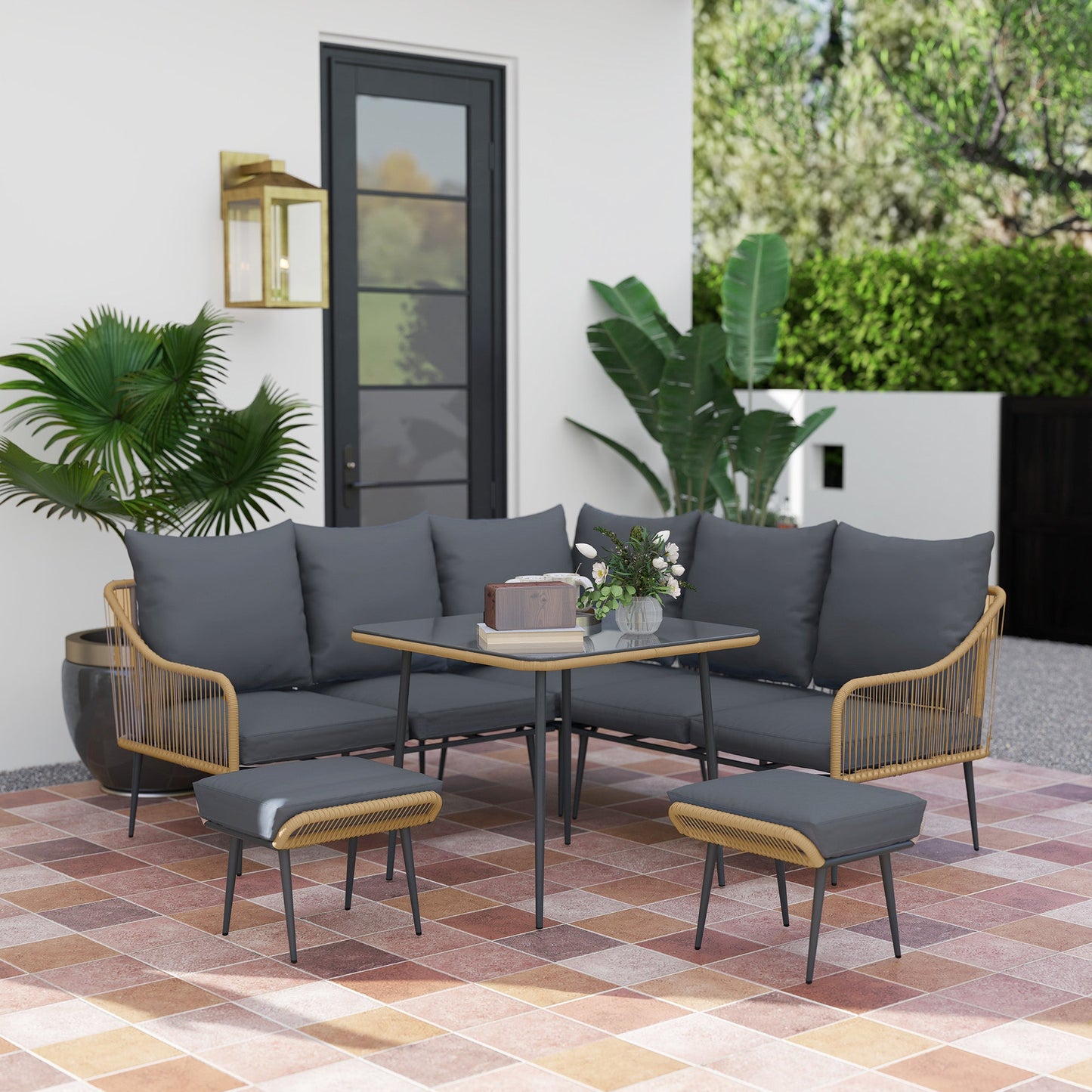 6 Piece Garden Furniture Set, Garden Corner Sofa Set with Thickened Cushions, Outdoor Patio Furniture Set with Glass Top Table, Footstools for Conservatory, Light Brown