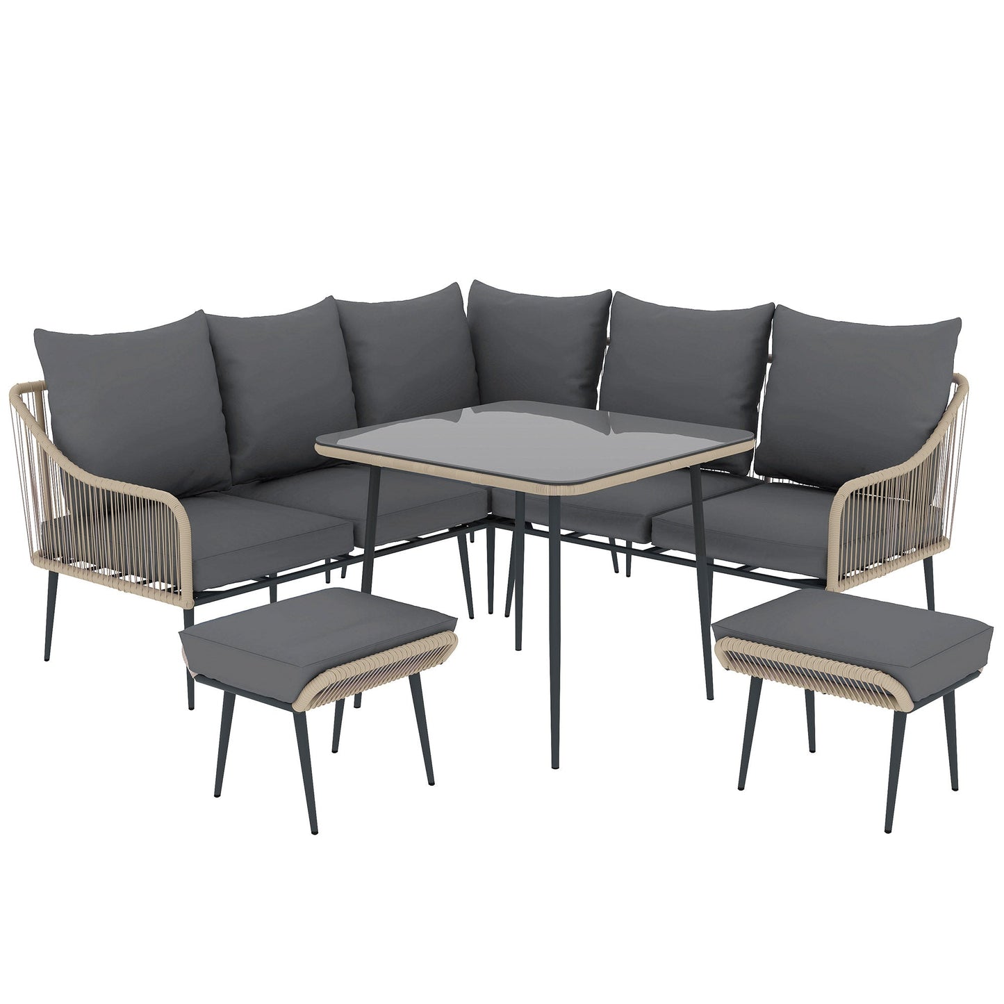 6 Piece Garden Furniture Set, Garden Corner Sofa Set with Thickened Cushions, Outdoor Patio Furniture Set with Glass Top Table, Footstools for Conservatory, Light Brown