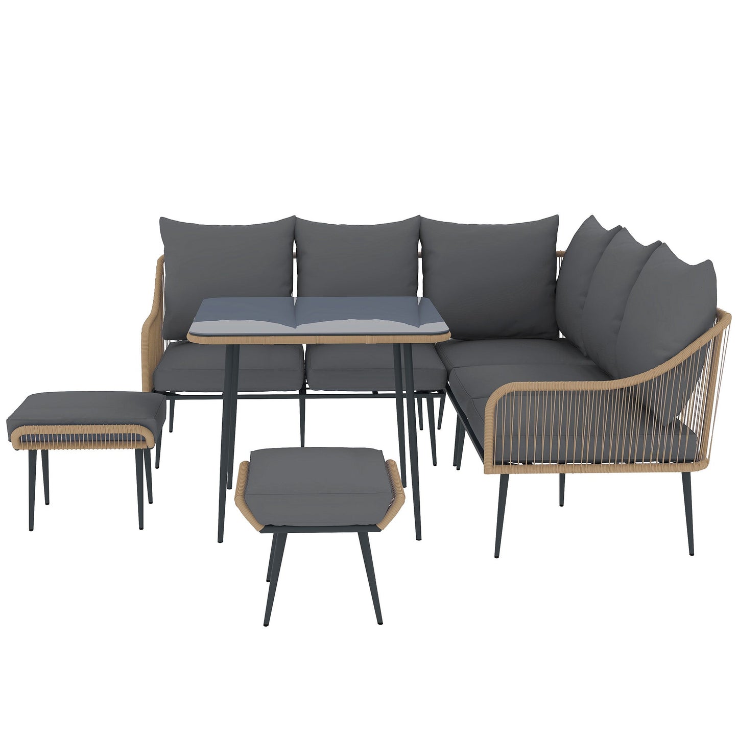 6 Piece Garden Furniture Set, Garden Corner Sofa Set with Thickened Cushions, Outdoor Patio Furniture Set with Glass Top Table, Footstools for Conservatory, Light Brown