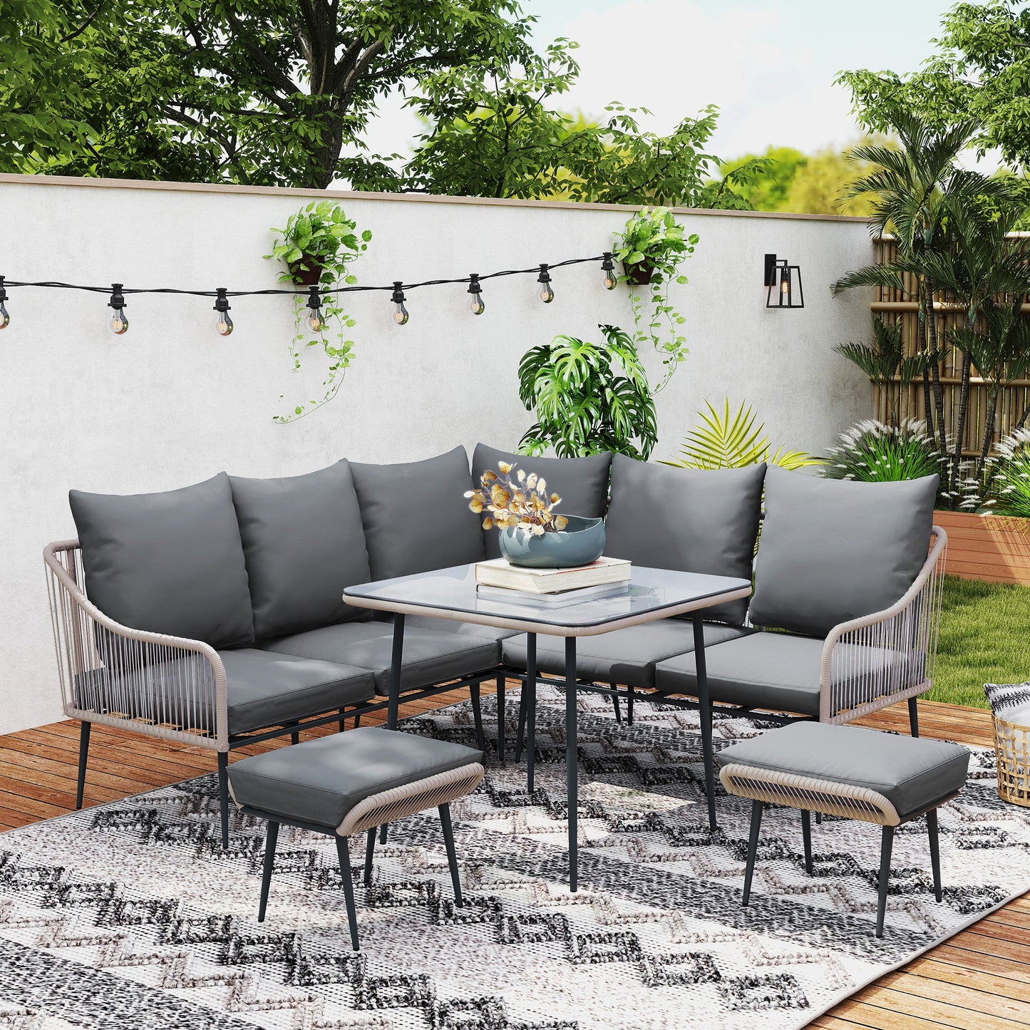 6 Piece Garden Furniture Set, Garden Corner Sofa Set with Thickened Cushions, Outdoor Patio Furniture Set with Glass Top Table, Footstools for Conservatory, Light Brown