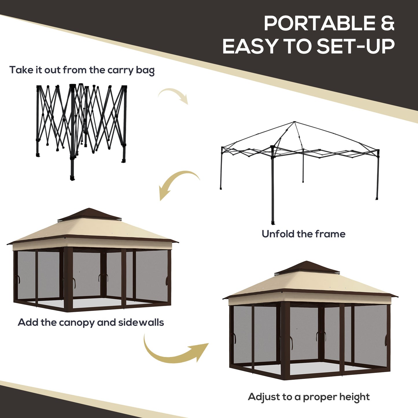 3 x 3(m) Pop Up Gazebo with Netting and Carrying Bag, Party Tent Instant Event Shelter, Height Adjustable and UV-Resistant, for Garden, Patio, Beige