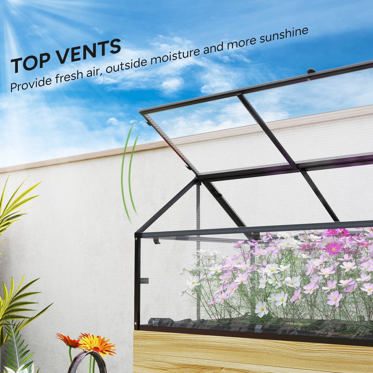 Raised Garden Bed with Cold Frame Greenhouse, Elevated Wood Planter Box with Polycarbonate Panel and Top Vent for Vegetables, Flowers, Herbs, 120 x 60 x 103cm, Natural