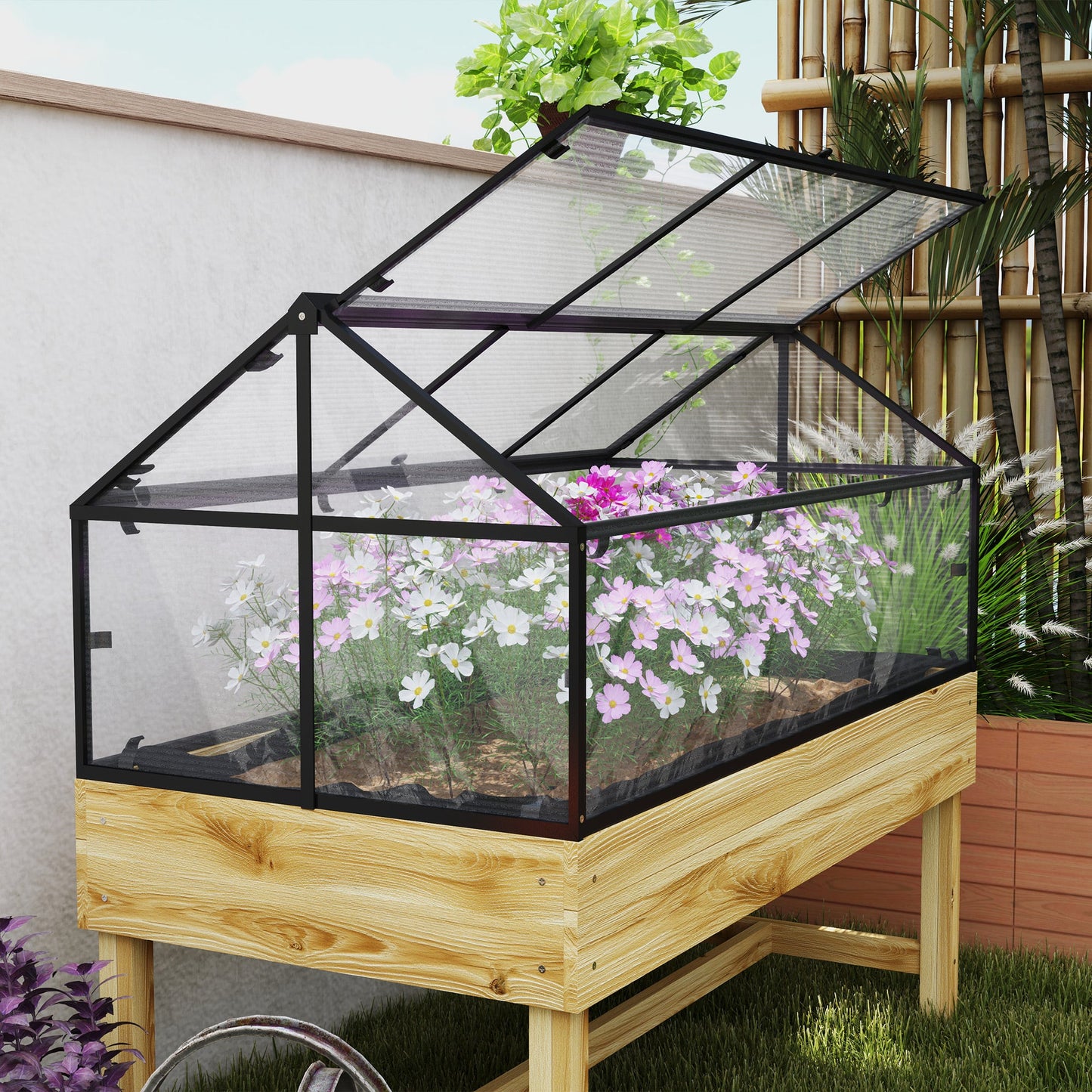 Raised Garden Bed with Cold Frame Greenhouse, Elevated Wood Planter Box with Polycarbonate Panel and Top Vent for Vegetables, Flowers, Herbs, 120 x 60 x 103cm, Natural