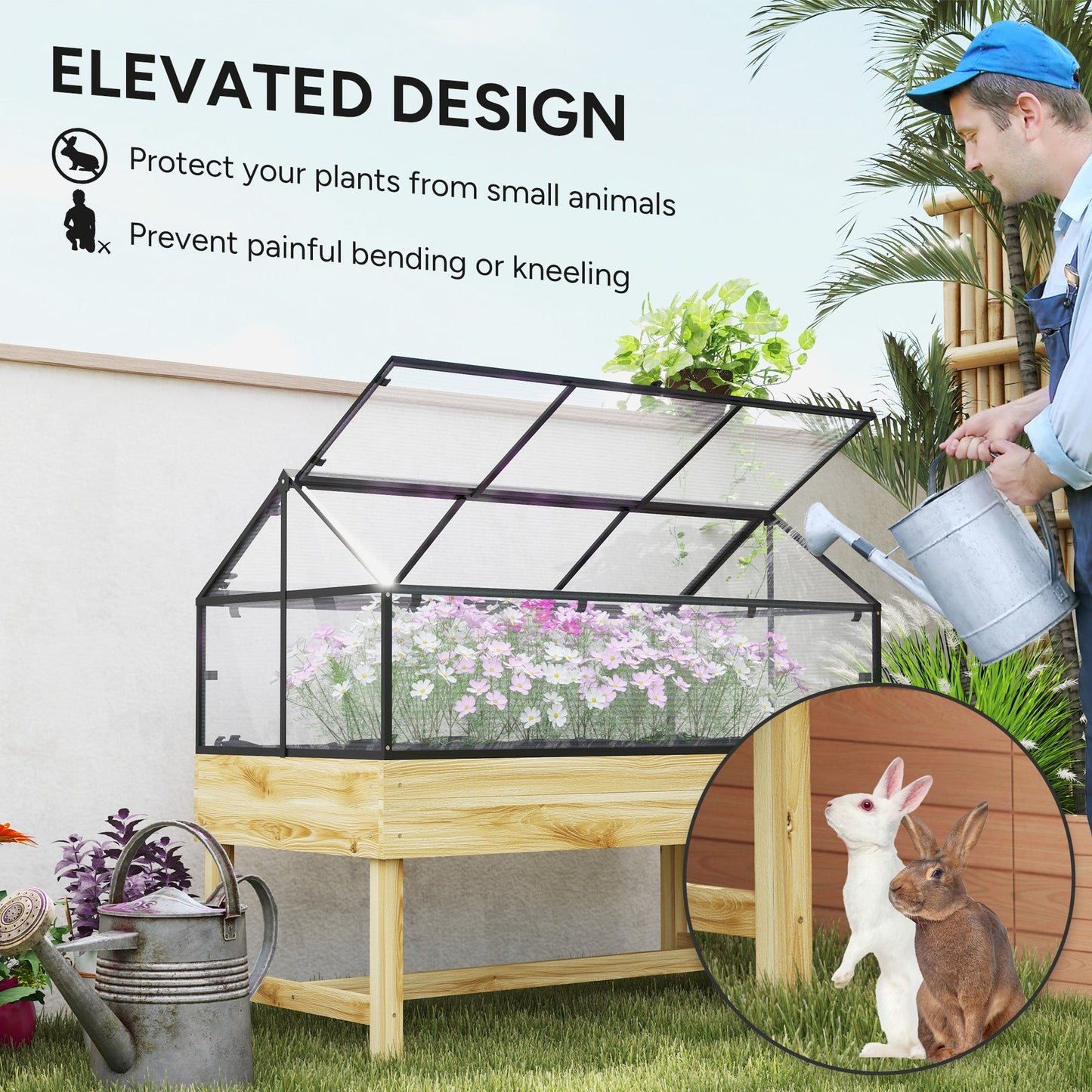 Raised Garden Bed with Cold Frame Greenhouse, Elevated Wood Planter Box with Polycarbonate Panel and Top Vent for Vegetables, Flowers, Herbs, 120 x 60 x 103cm, Natural
