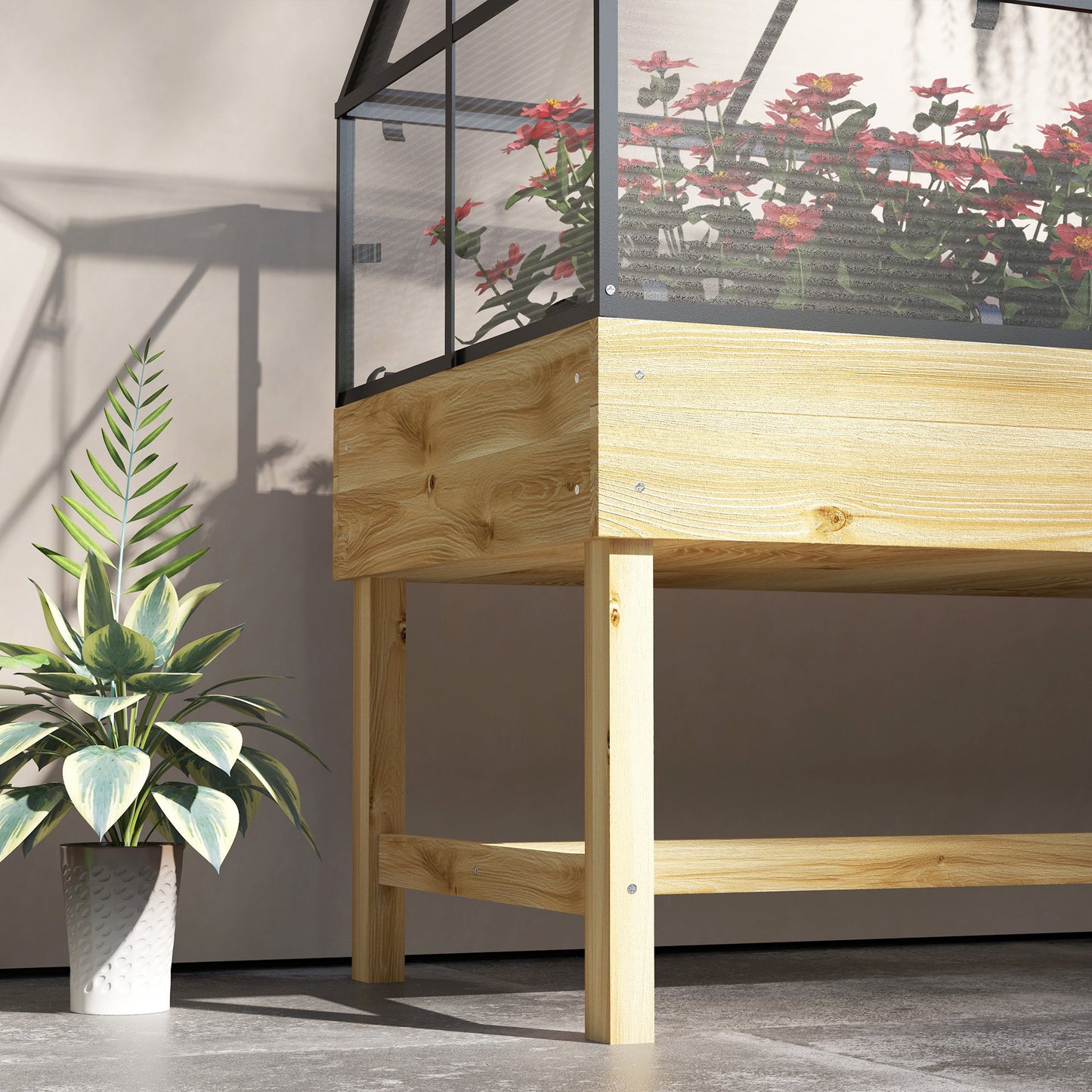 Raised Garden Bed with Cold Frame Greenhouse, Elevated Wood Planter Box with Polycarbonate Panel and Top Vent for Vegetables, Flowers, Herbs, 120 x 60 x 103cm, Natural