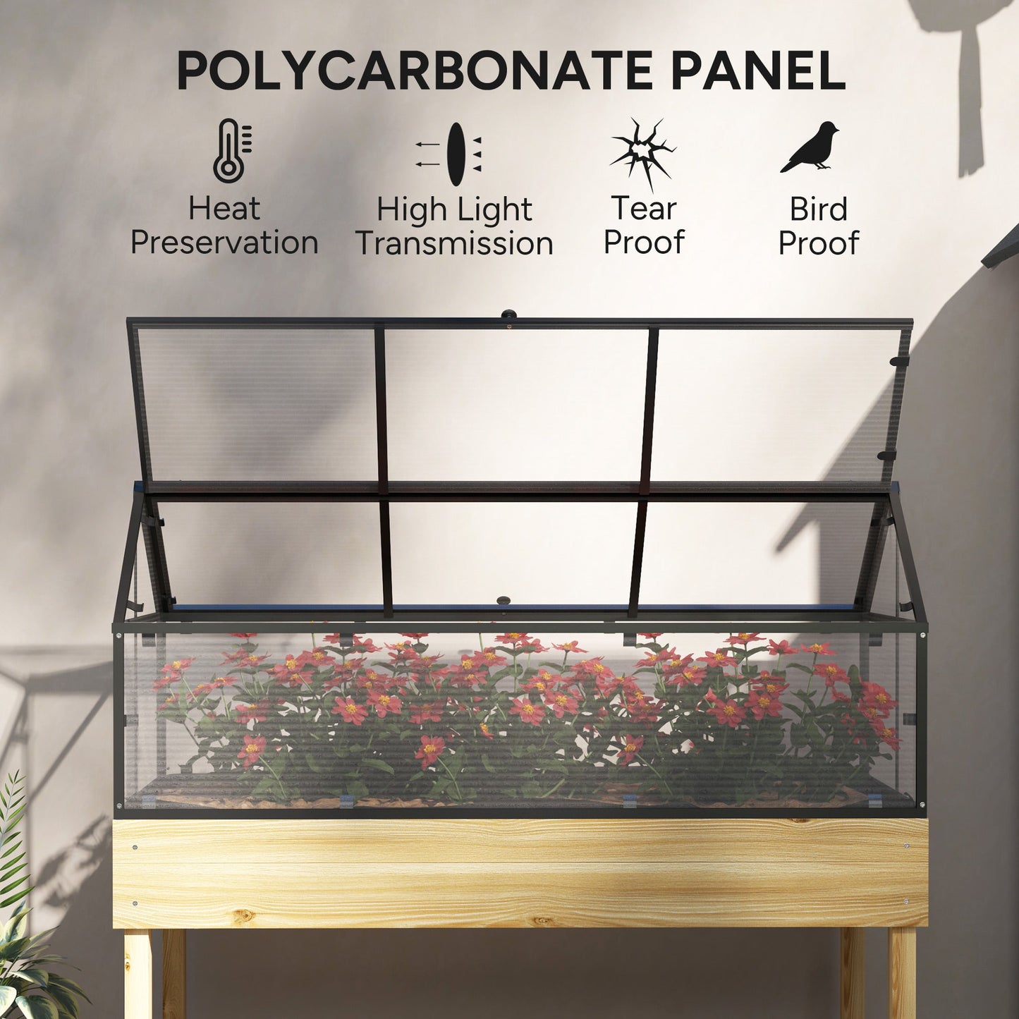 Raised Garden Bed with Cold Frame Greenhouse, Elevated Wood Planter Box with Polycarbonate Panel and Top Vent for Vegetables, Flowers, Herbs, 120 x 60 x 103cm, Natural