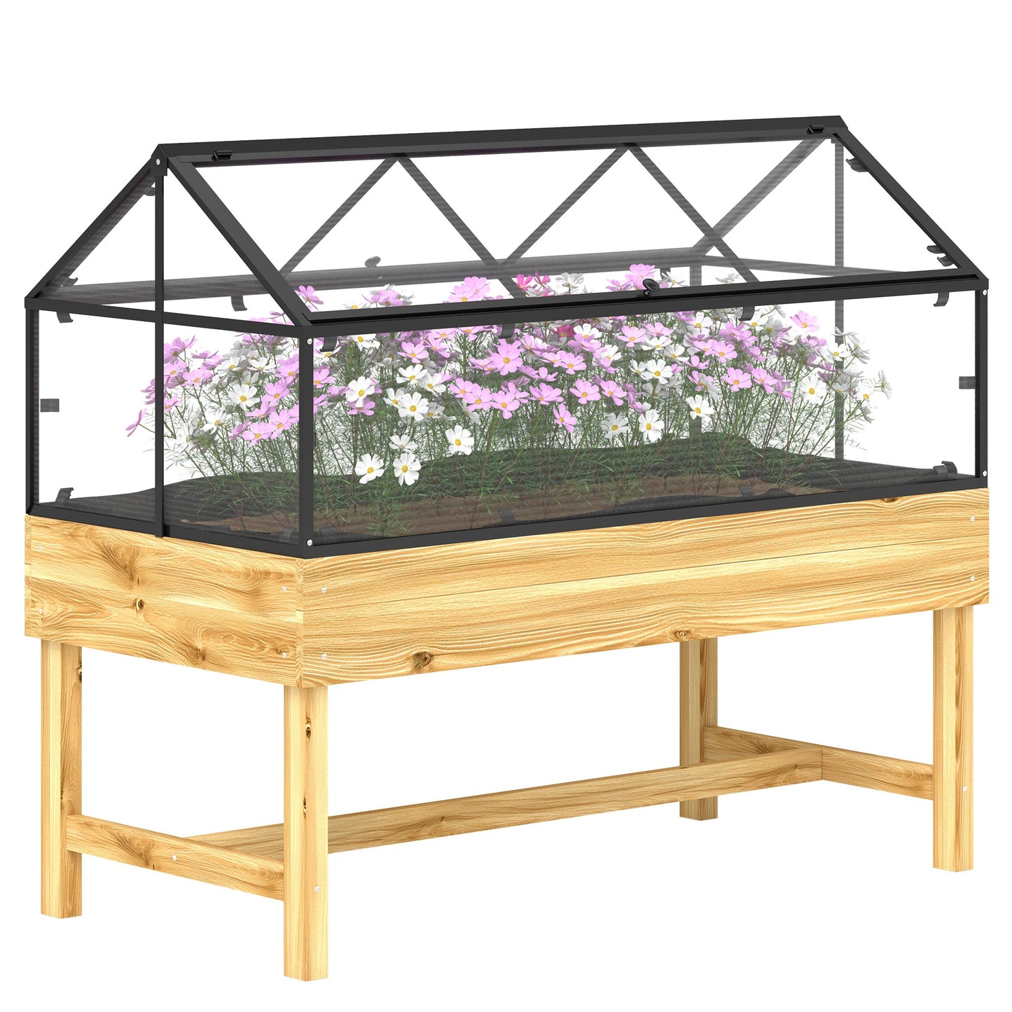 Raised Garden Bed with Cold Frame Greenhouse, Elevated Wood Planter Box with Polycarbonate Panel and Top Vent for Vegetables, Flowers, Herbs, 120 x 60 x 103cm, Natural