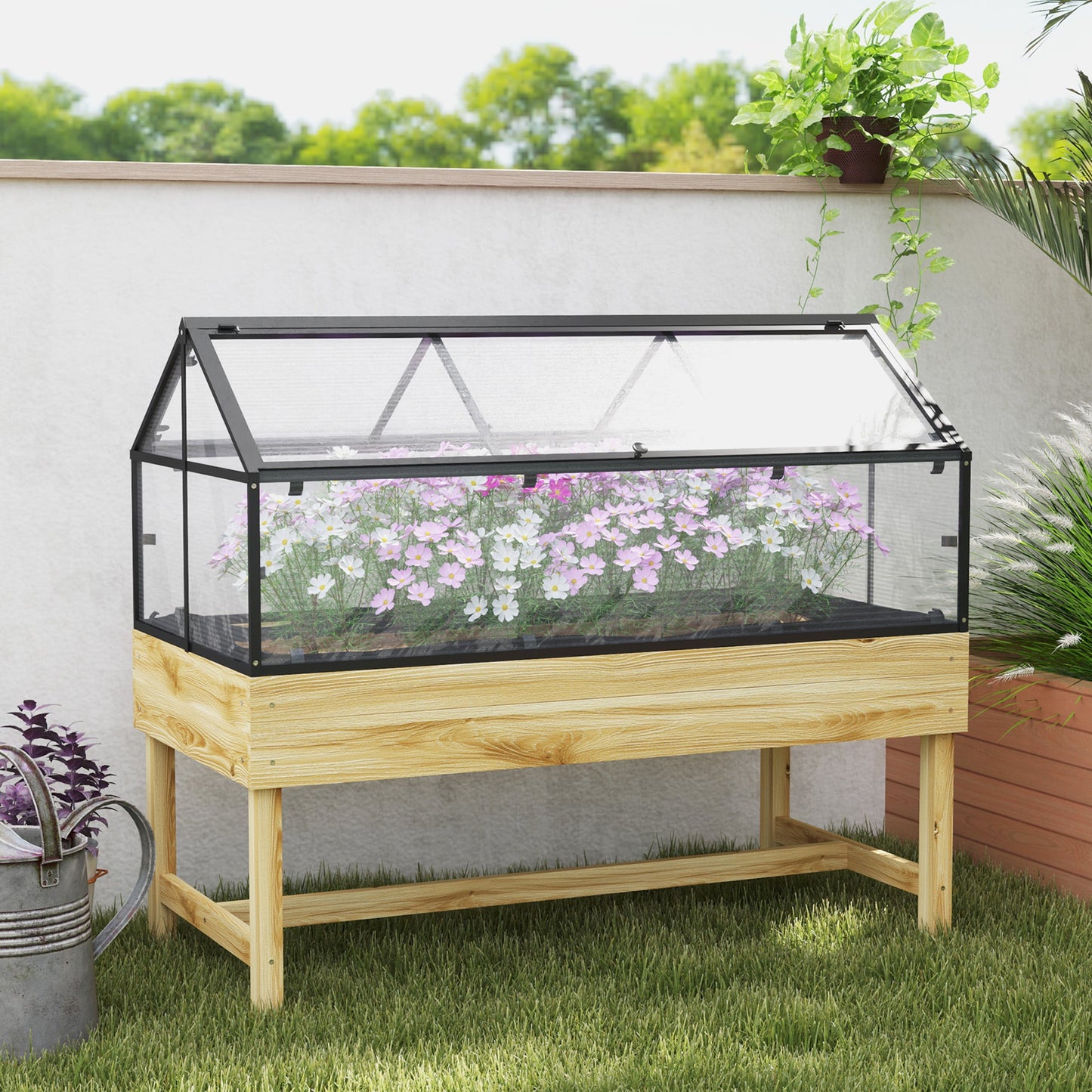 Raised Garden Bed with Cold Frame Greenhouse, Elevated Wood Planter Box with Polycarbonate Panel and Top Vent for Vegetables, Flowers, Herbs, 120 x 60 x 103cm, Natural