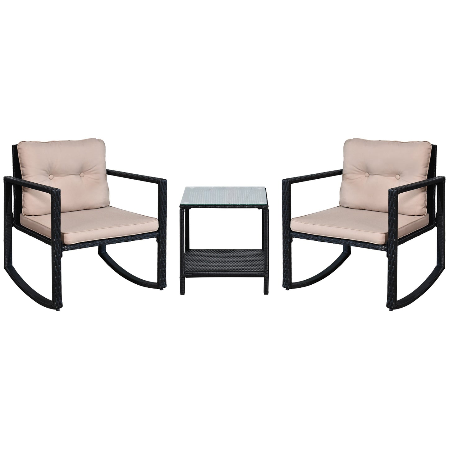 3 Pieces Rattan Garden Rocking Chair Set, Outdoor Rocking Bistro Set w/ 2 Cushioned Armchair and Glass Top Two-tier Coffee Table, Black