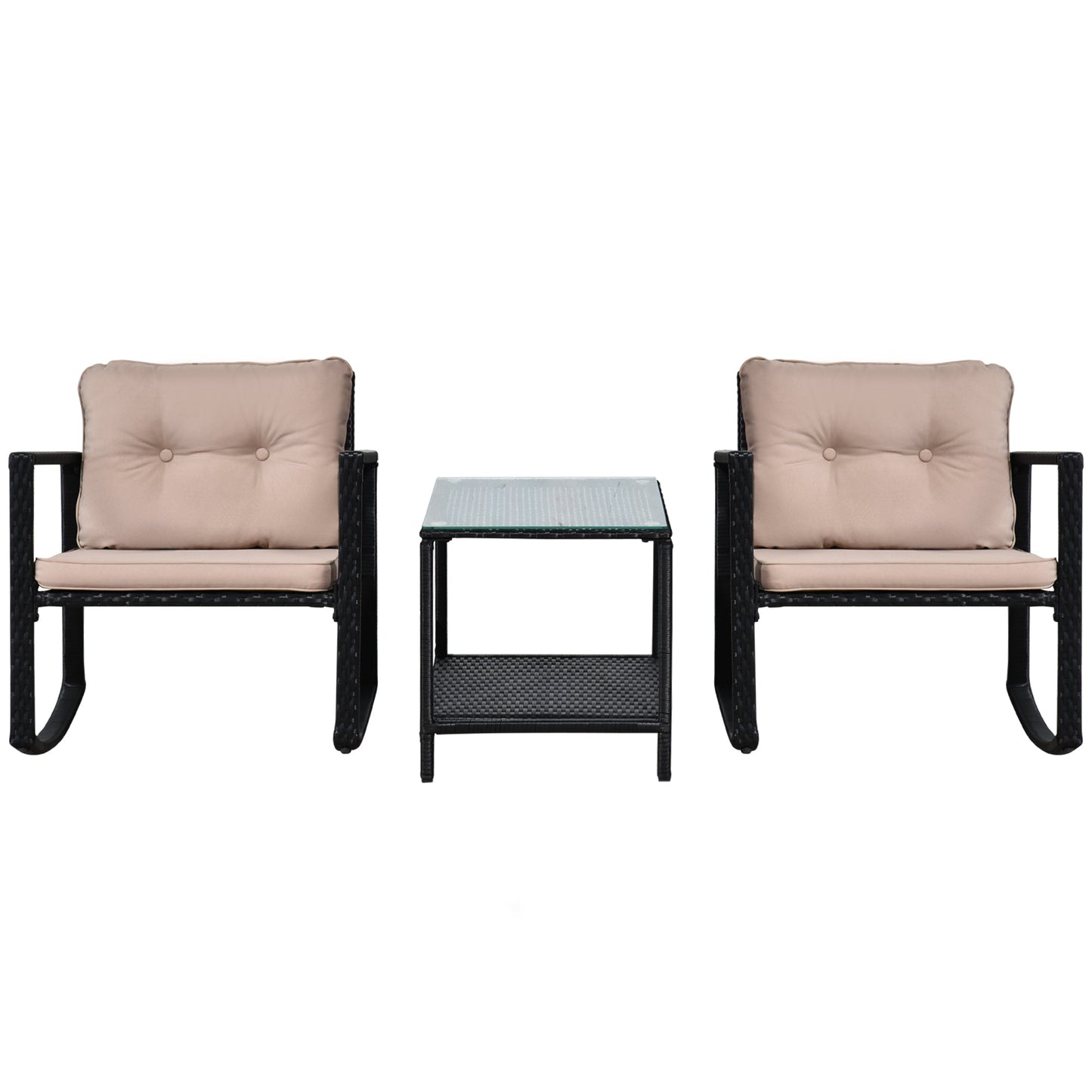 3 Pieces Rattan Garden Rocking Chair Set, Outdoor Rocking Bistro Set w/ 2 Cushioned Armchair and Glass Top Two-tier Coffee Table, Black
