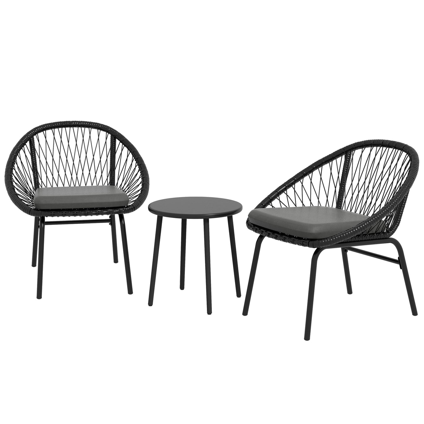3 Pieces Rattan Bistro Set, Wicker Garden Furniture Set with Round Metal Top Coffee Table and Chairs, Washable Cushions for Outdoor, Patio, Balcony, Black