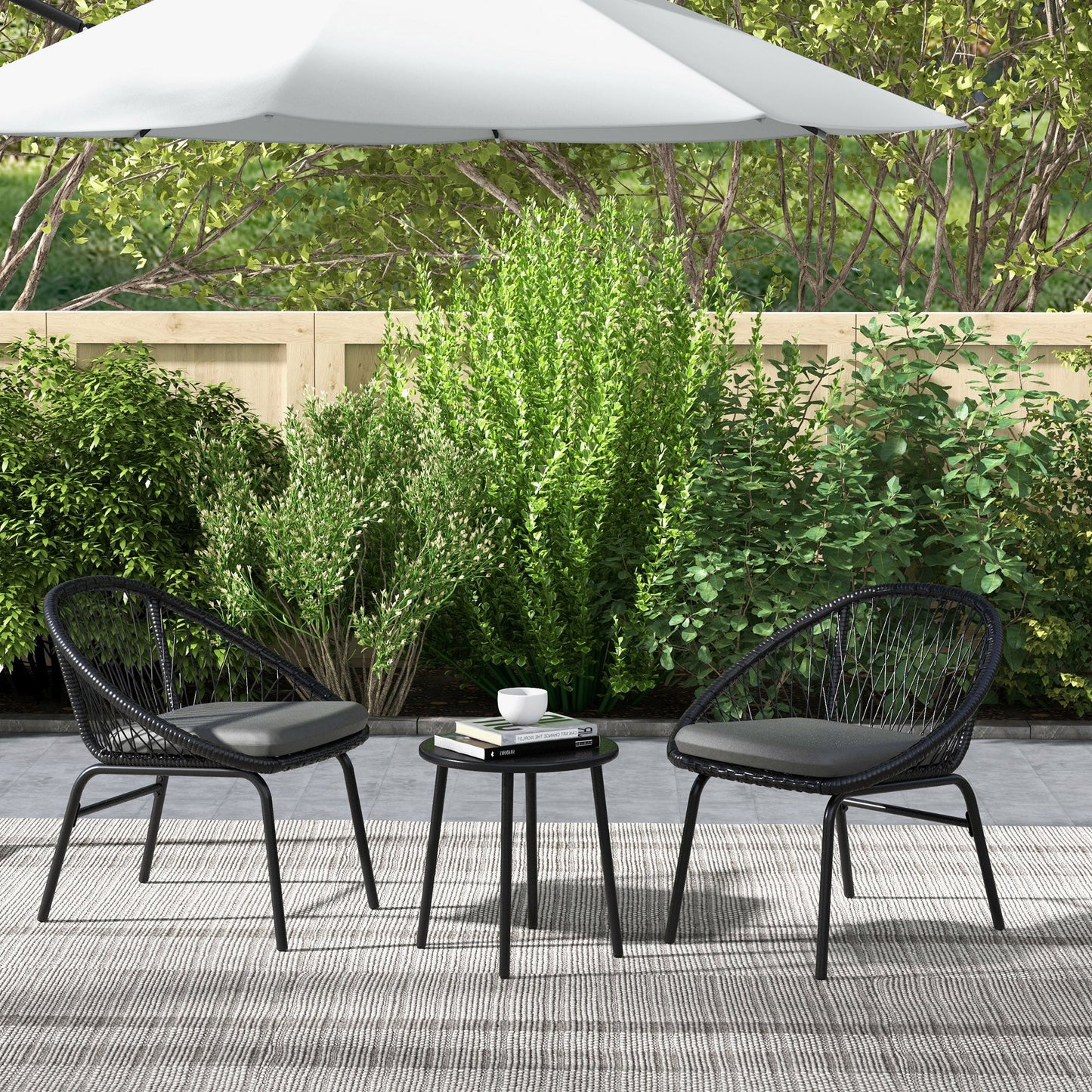 3 Pieces Rattan Bistro Set, Wicker Garden Furniture Set with Round Metal Top Coffee Table and Chairs, Washable Cushions for Outdoor, Patio, Balcony, Black