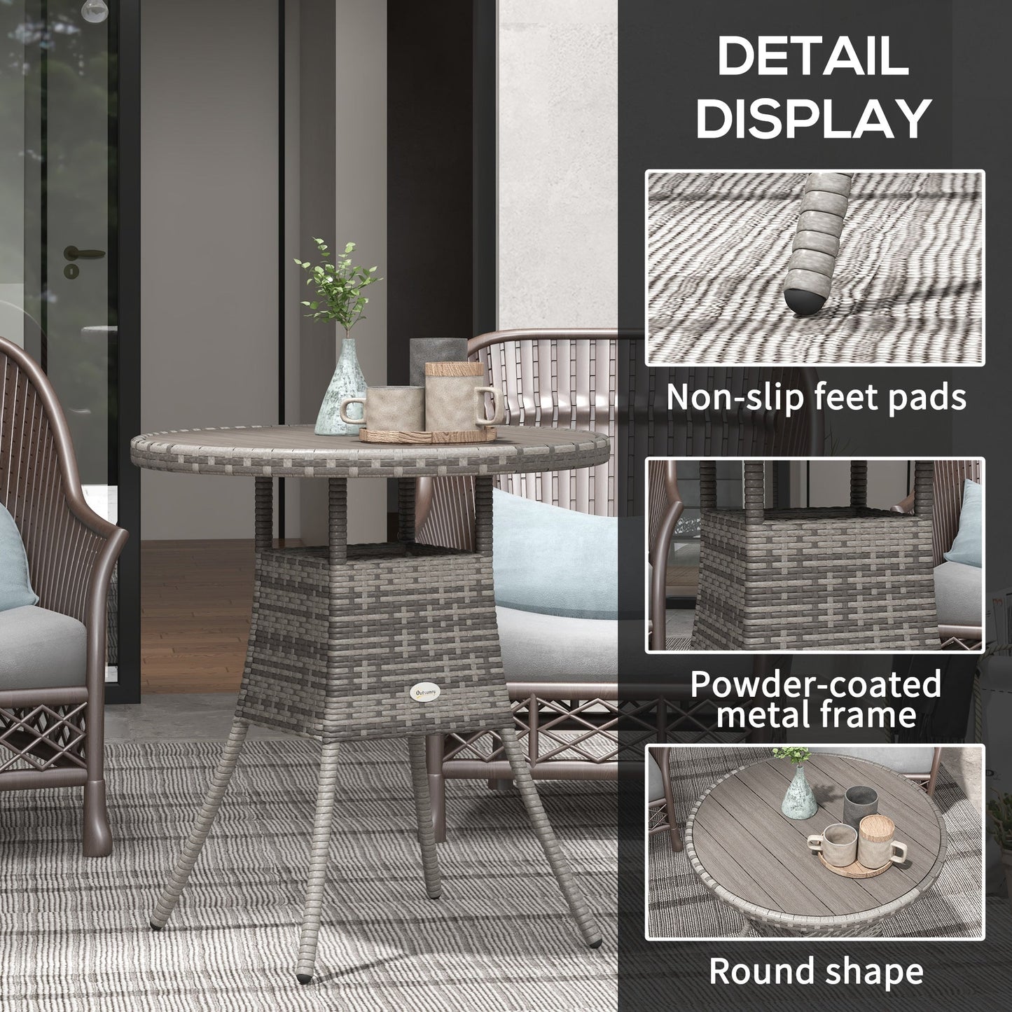 70 cm Outdoor Dining Table, PE Rattan Patio Table with Wood-plastic Composite Top for Balcony, Garden, Grey