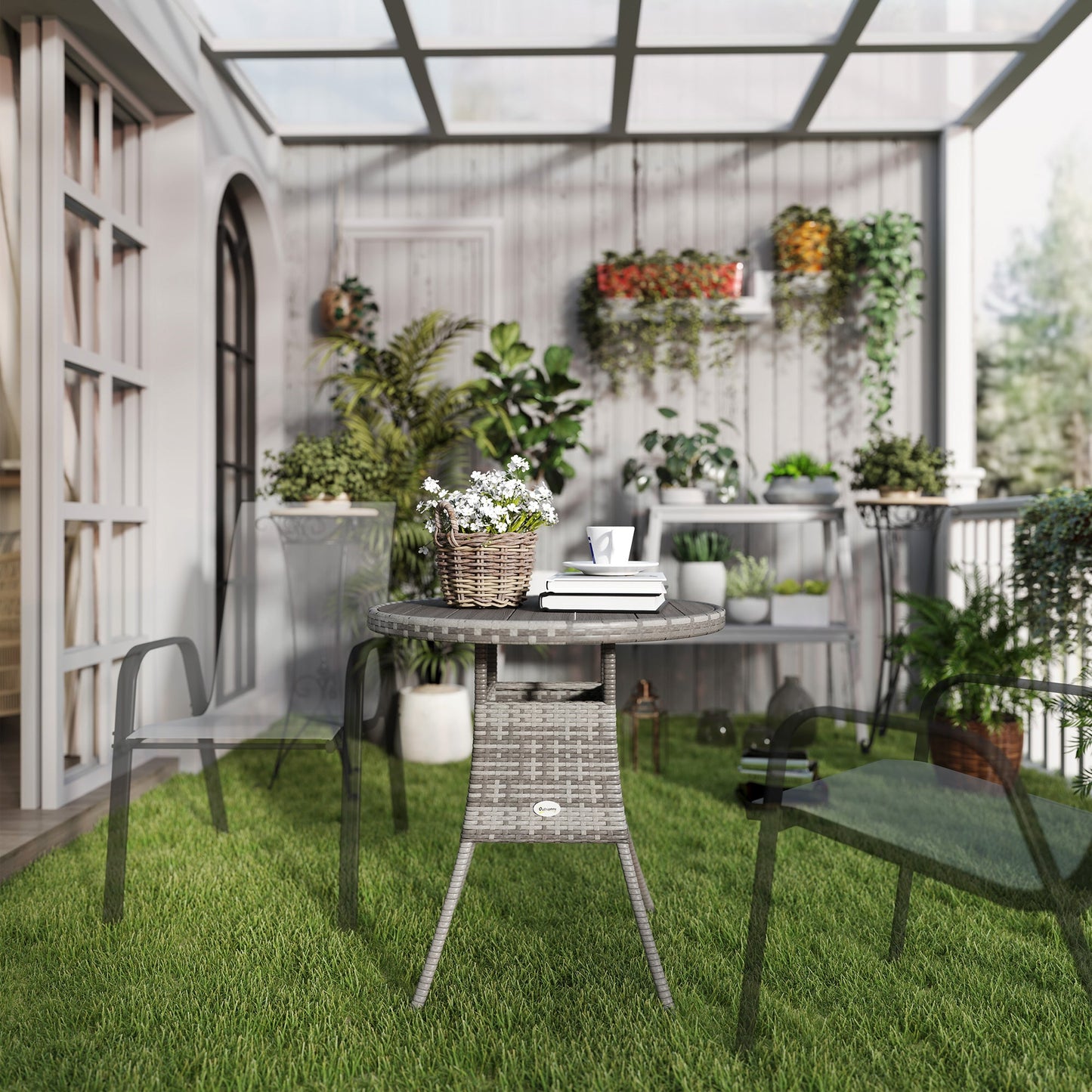 70 cm Outdoor Dining Table, PE Rattan Patio Table with Wood-plastic Composite Top for Balcony, Garden, Grey