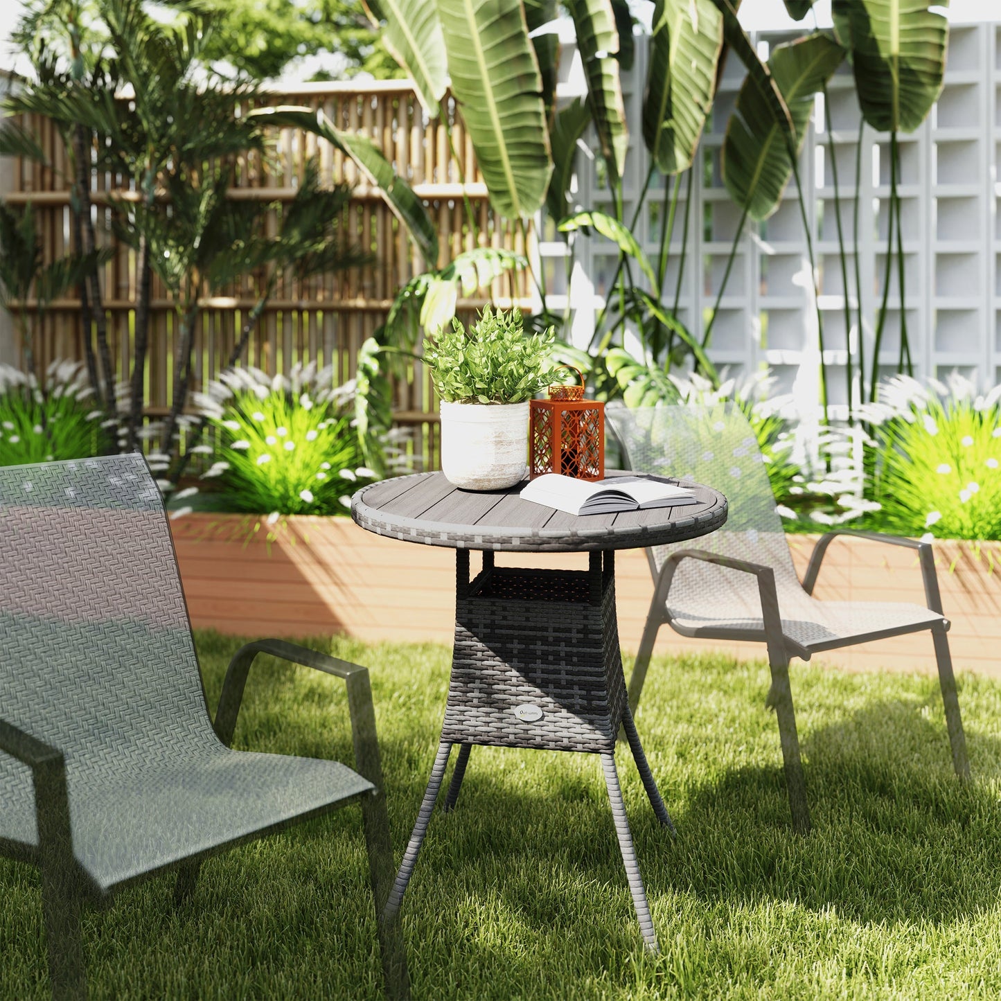 70 cm Outdoor Dining Table, PE Rattan Patio Table with Wood-plastic Composite Top for Balcony, Garden, Grey
