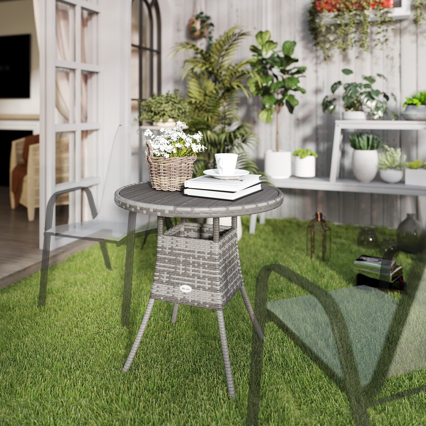 70 cm Outdoor Dining Table, PE Rattan Patio Table with Wood-plastic Composite Top for Balcony, Garden, Grey