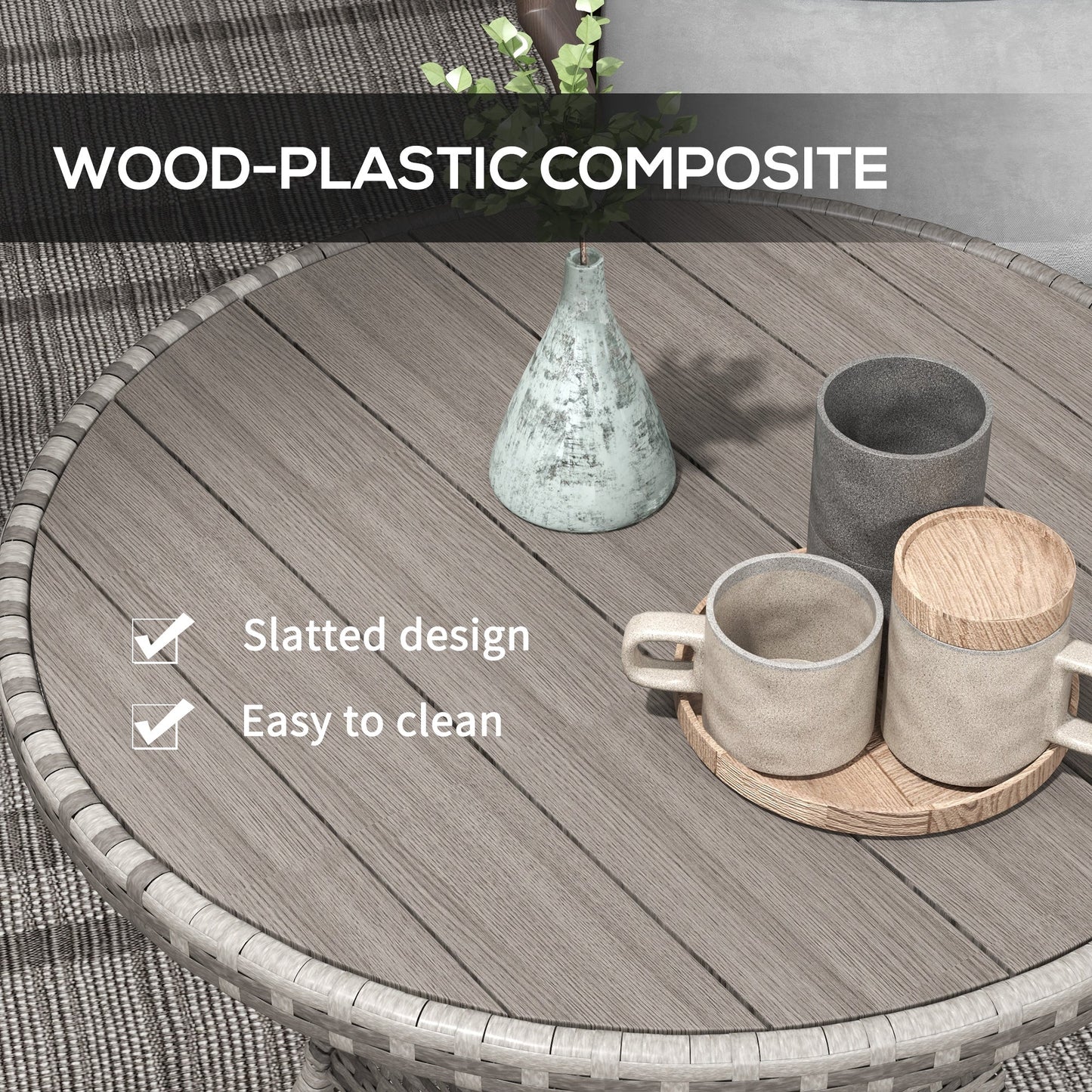 70 cm Outdoor Dining Table, PE Rattan Patio Table with Wood-plastic Composite Top for Balcony, Garden, Grey
