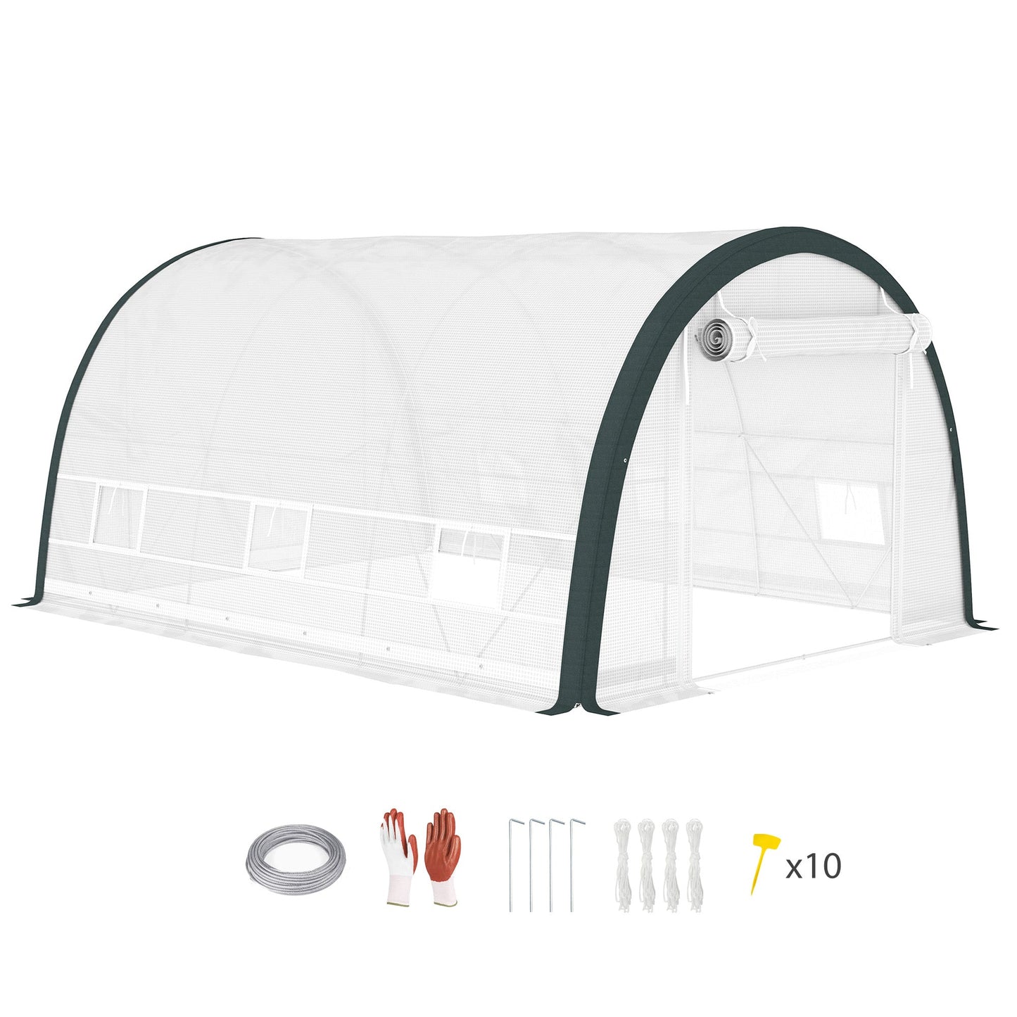 4 x 3(m) Walk-in Polytunnel Greenhouse with Upgraded Structure, Zipped Roll Up Mesh Door, 6 Mesh Windows, Tunnel Warm House Tent with PE Cover, 10 Plant Labels and Gloves, White