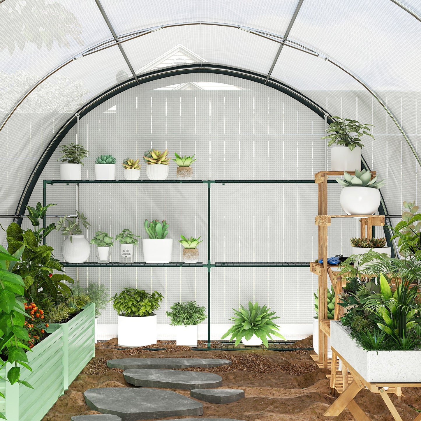 4 x 3(m) Walk-in Polytunnel Greenhouse with Upgraded Structure, Zipped Roll Up Mesh Door, 6 Mesh Windows, Tunnel Warm House Tent with PE Cover, 10 Plant Labels and Gloves, White