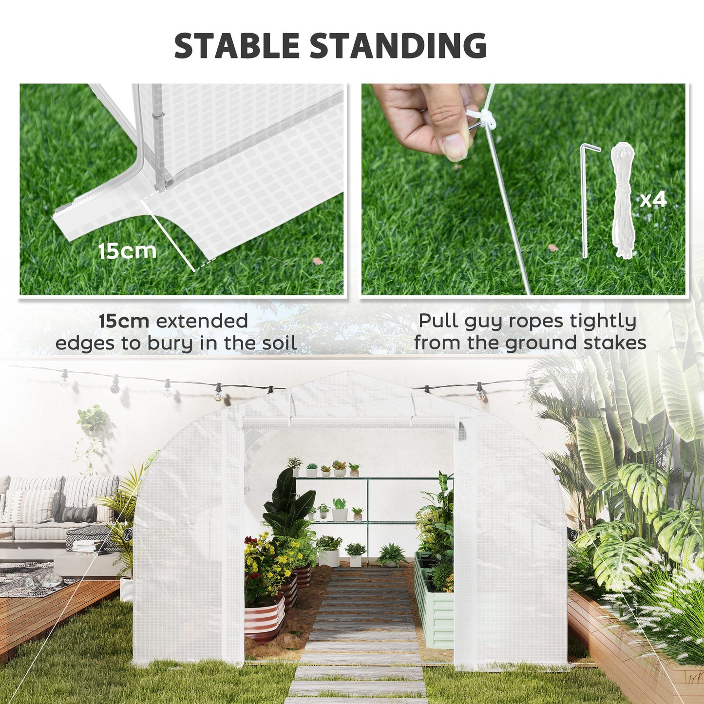 4 x 3(m) Walk-in Polytunnel Greenhouse with Upgraded Structure, Zipped Roll Up Mesh Door, 6 Mesh Windows, Tunnel Warm House Tent with PE Cover, 10 Plant Labels and Gloves, White