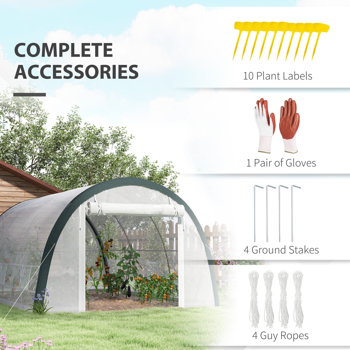4 x 3(m) Walk-in Polytunnel Greenhouse with Upgraded Structure, Zipped Roll Up Mesh Door, 6 Mesh Windows, Tunnel Warm House Tent with PE Cover, 10 Plant Labels and Gloves, White