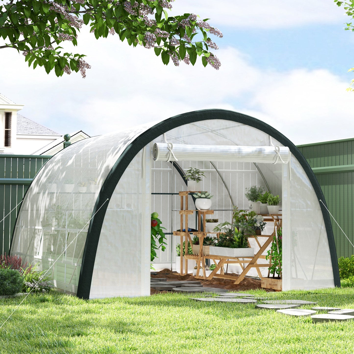 4 x 3(m) Walk-in Polytunnel Greenhouse with Upgraded Structure, Zipped Roll Up Mesh Door, 6 Mesh Windows, Tunnel Warm House Tent with PE Cover, 10 Plant Labels and Gloves, White