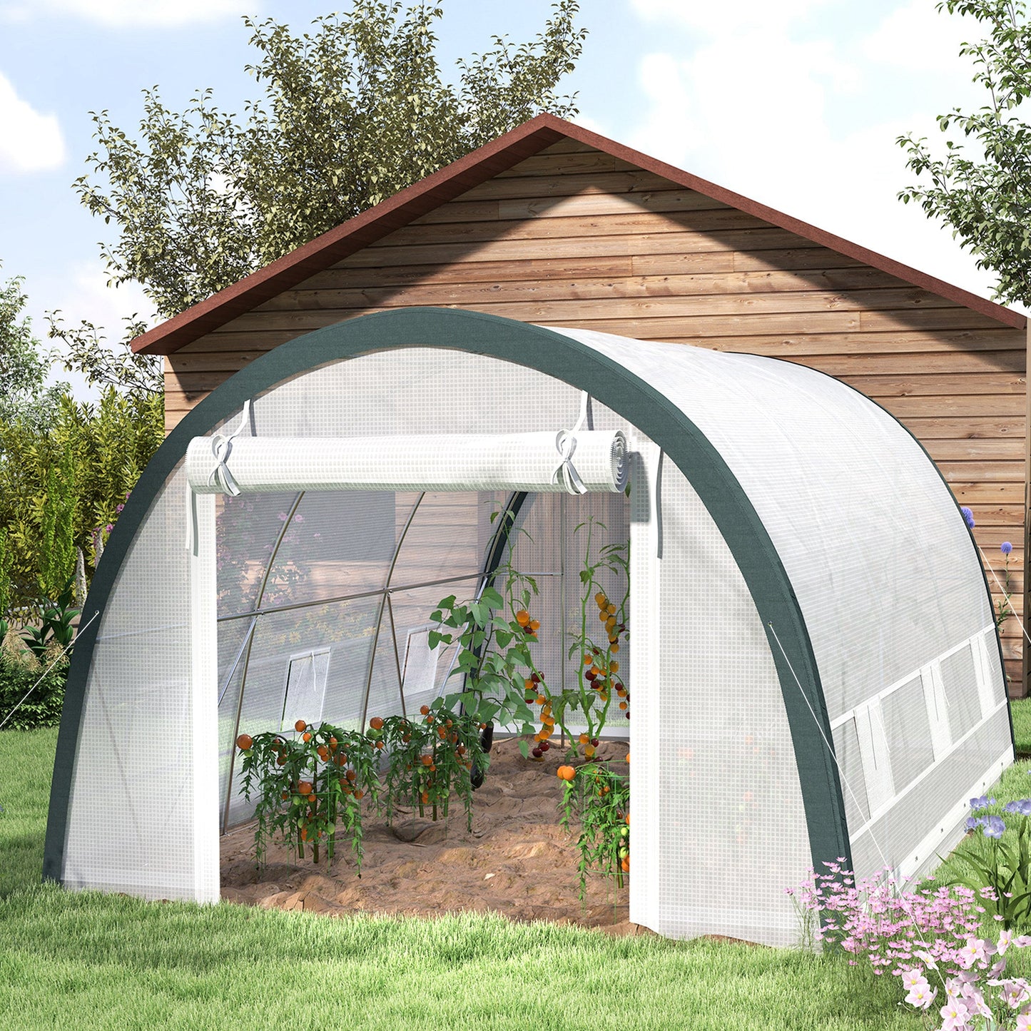 4 x 3(m) Walk-in Polytunnel Greenhouse with Upgraded Structure, Zipped Roll Up Mesh Door, 6 Mesh Windows, Tunnel Warm House Tent with PE Cover, 10 Plant Labels and Gloves, White