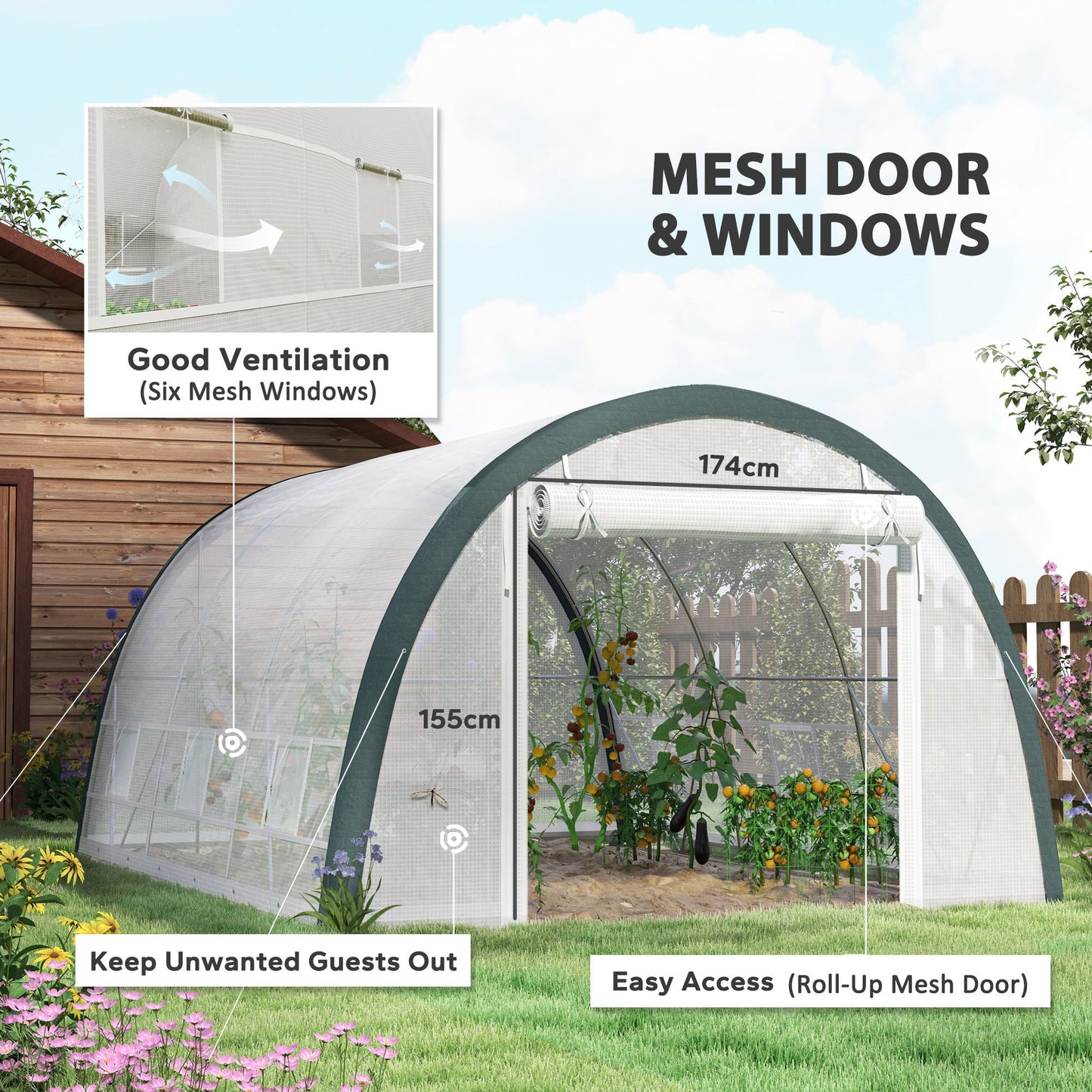 4 x 3(m) Walk-in Polytunnel Greenhouse with Upgraded Structure, Zipped Roll Up Mesh Door, 6 Mesh Windows, Tunnel Warm House Tent with PE Cover, 10 Plant Labels and Gloves, White