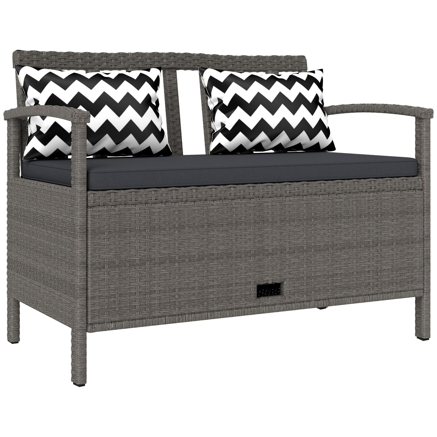 2 Seater Garden Storage Bench with 160L Capacity, PE Rattan Garden Bench with Storage, Wicker Outdoor Bench Loveseat with Cushion, Pillows and Steel Frame for Patio, Grey