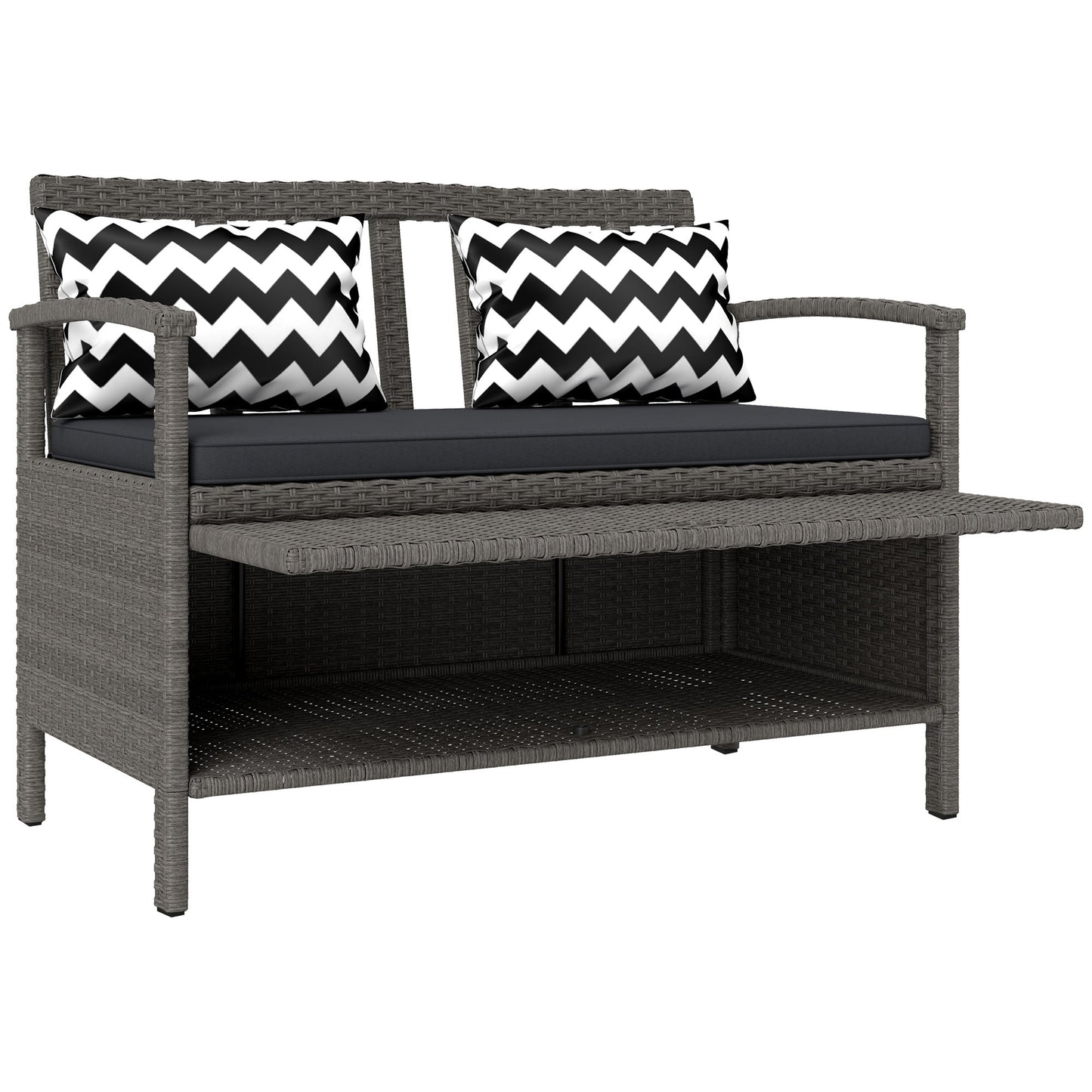 2 Seater Garden Storage Bench with 160L Capacity, PE Rattan Garden Bench with Storage, Wicker Outdoor Bench Loveseat with Cushion, Pillows and Steel Frame for Patio, Grey