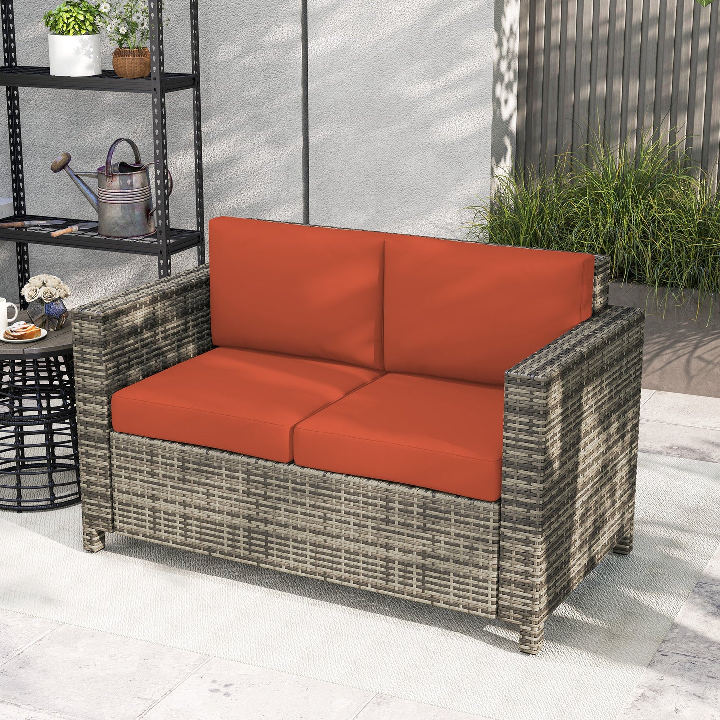 Rattan Sofa, 2 Seater Garden Furniture with Soft Padded Cushion and Armrests, Wicker Garden Loveseat for Patio, Grey