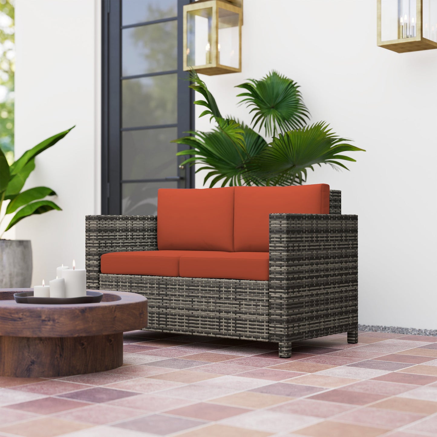 Rattan Sofa, 2 Seater Garden Furniture with Soft Padded Cushion and Armrests, Wicker Garden Loveseat for Patio, Grey