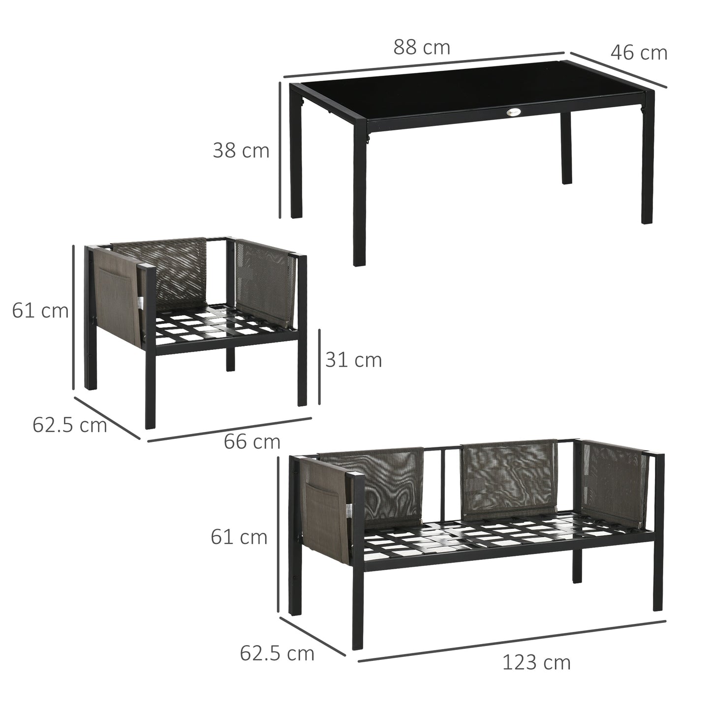4 Piece Metal Garden Furniture Set with Tempered Glass Coffee Table, Texteline Pocket, Outdoor Set Loveseat Single Armchairs with Padded Cushions, Light Grey