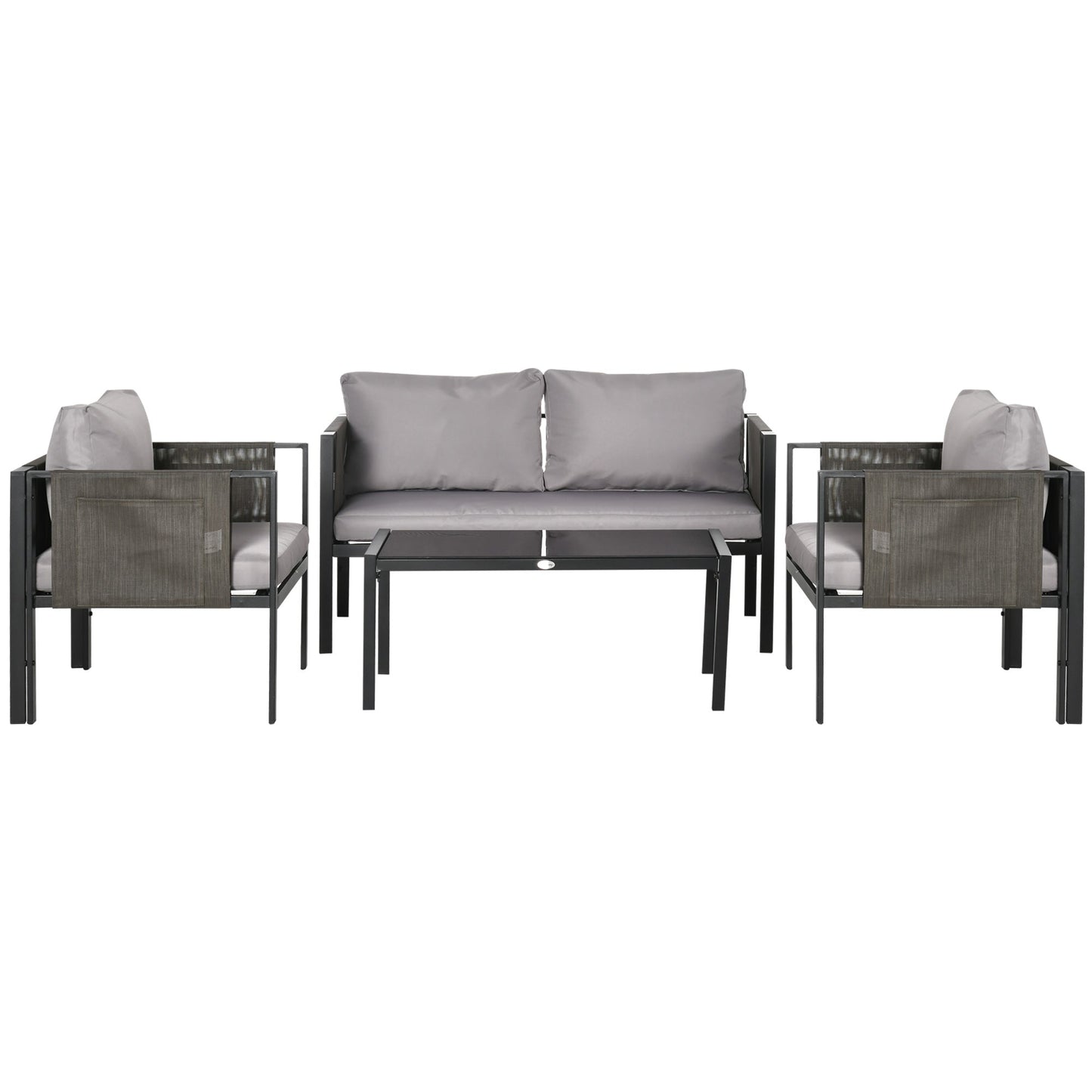 4 Piece Metal Garden Furniture Set with Tempered Glass Coffee Table, Texteline Pocket, Outdoor Set Loveseat Single Armchairs with Padded Cushions, Light Grey