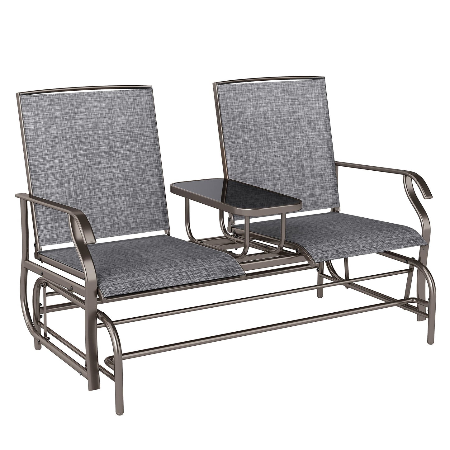 2 Seats Garden Glider Bench, Metal Frame Loveseat with Glass Top Centre Table, Porch Rocking Glider for 2 Person, for Deck, Patio, Brown/ Grey