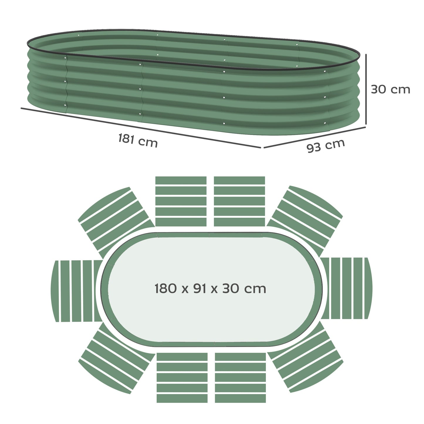 Set of 2 Raised Beds for Garden, Outdoor Galvanised Planter Box with Plant Support Stakes, Rubber Strap Edging and Bottomless for Flower, Vegetable, 181 x 93 x 30 cm, Green