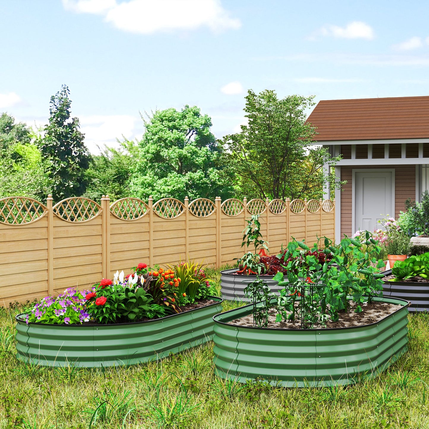 Set of 2 Raised Beds for Garden, Outdoor Galvanised Planter Box with Plant Support Stakes, Rubber Strap Edging and Bottomless for Flower, Vegetable, 181 x 93 x 30 cm, Green