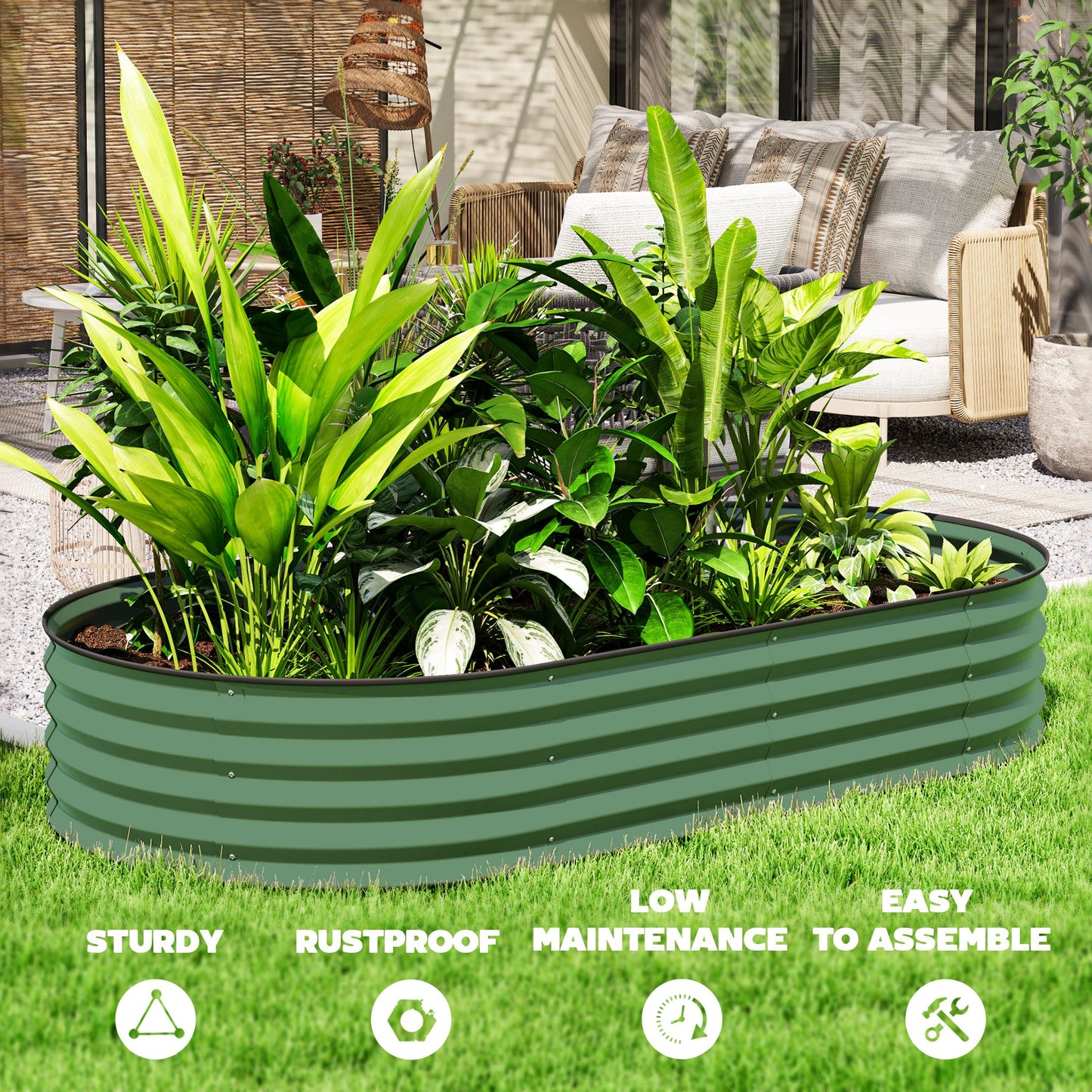 Set of 2 Raised Beds for Garden, Outdoor Galvanised Planter Box with Plant Support Stakes, Rubber Strap Edging and Bottomless for Flower, Vegetable, 181 x 93 x 30 cm, Green