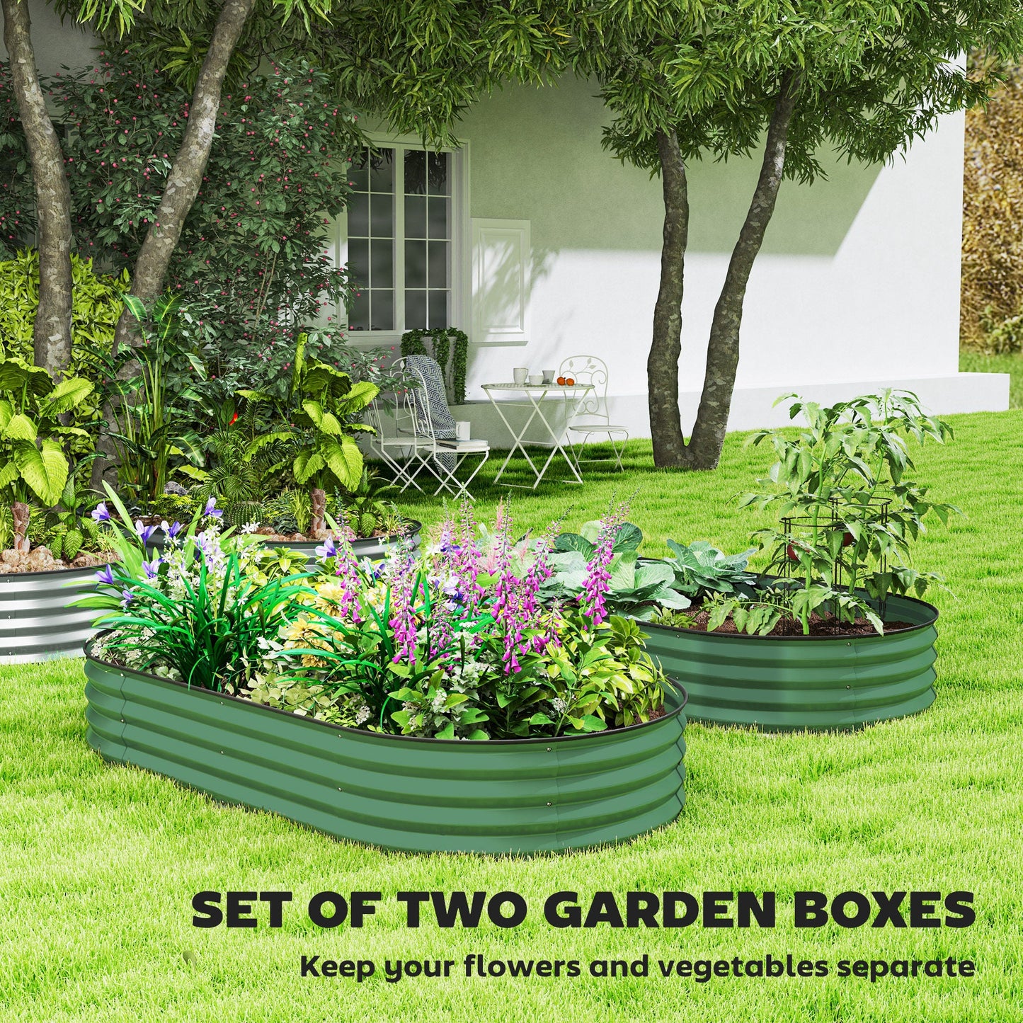 Set of 2 Raised Beds for Garden, Outdoor Galvanised Planter Box with Plant Support Stakes, Rubber Strap Edging and Bottomless for Flower, Vegetable, 181 x 93 x 30 cm, Green