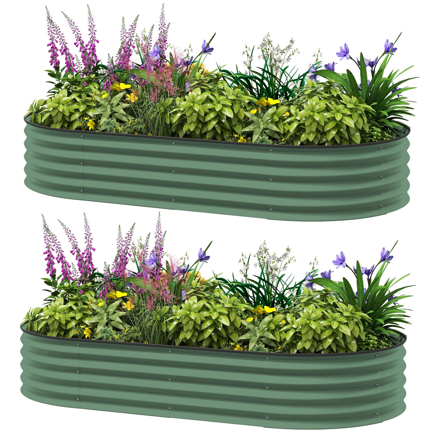 Set of 2 Raised Beds for Garden, Outdoor Galvanised Planter Box with Plant Support Stakes, Rubber Strap Edging and Bottomless for Flower, Vegetable, 181 x 93 x 30 cm, Green