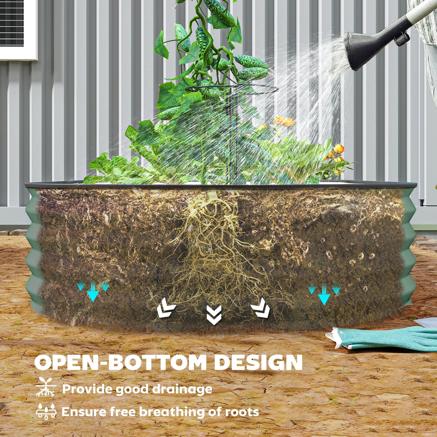 Set of 2 Raised Beds for Garden, Outdoor Galvanised Planter Box with Plant Support Stakes, Rubber Strap Edging and Bottomless for Flower, Vegetable, 181 x 93 x 30 cm, Green
