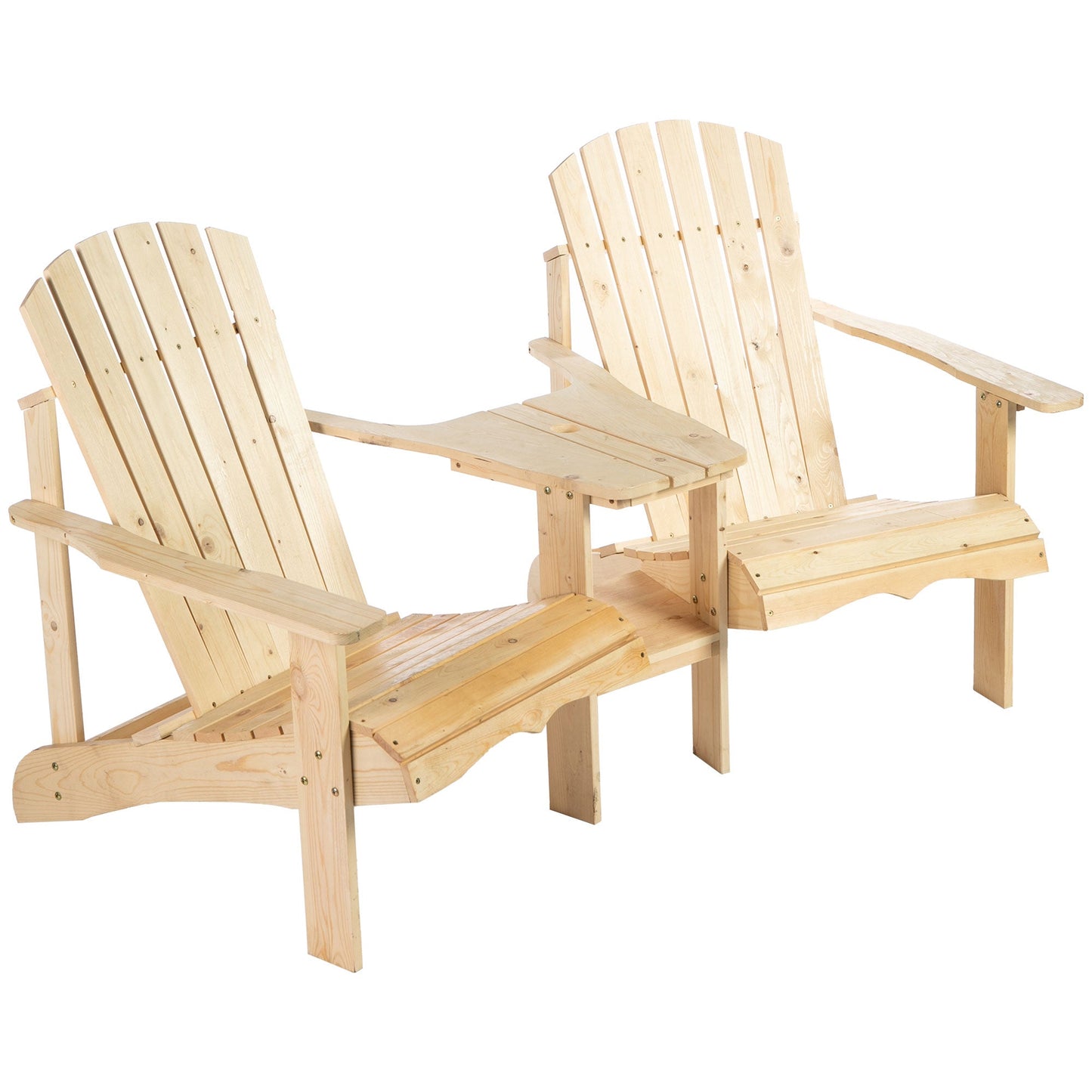 Wooden Outdoor Double Adirondack Chairs Loveseat w/ Centre Table and Umbrella Hole, Garden Patio Furniture for Lounging and Relaxing, Natural